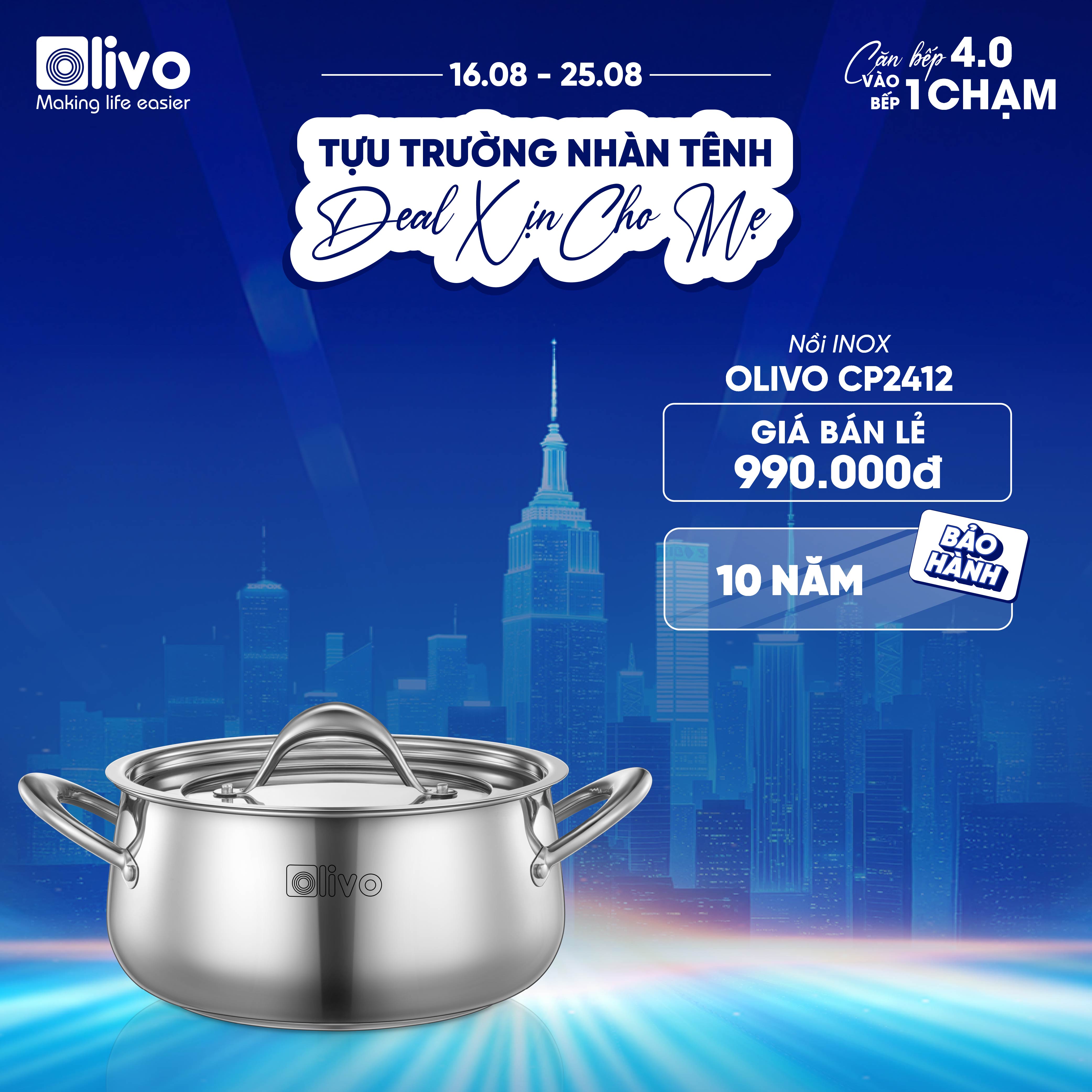 Bộ Nồi Inox OLIVO Chef’s Premium - Bộ 3 Nồi - Đa Dạng Kích Thước - Đáy Kép Liền Khối - Nắp Kính Cường Lực - Nấu Được Trên Mọi Loại Bếp
