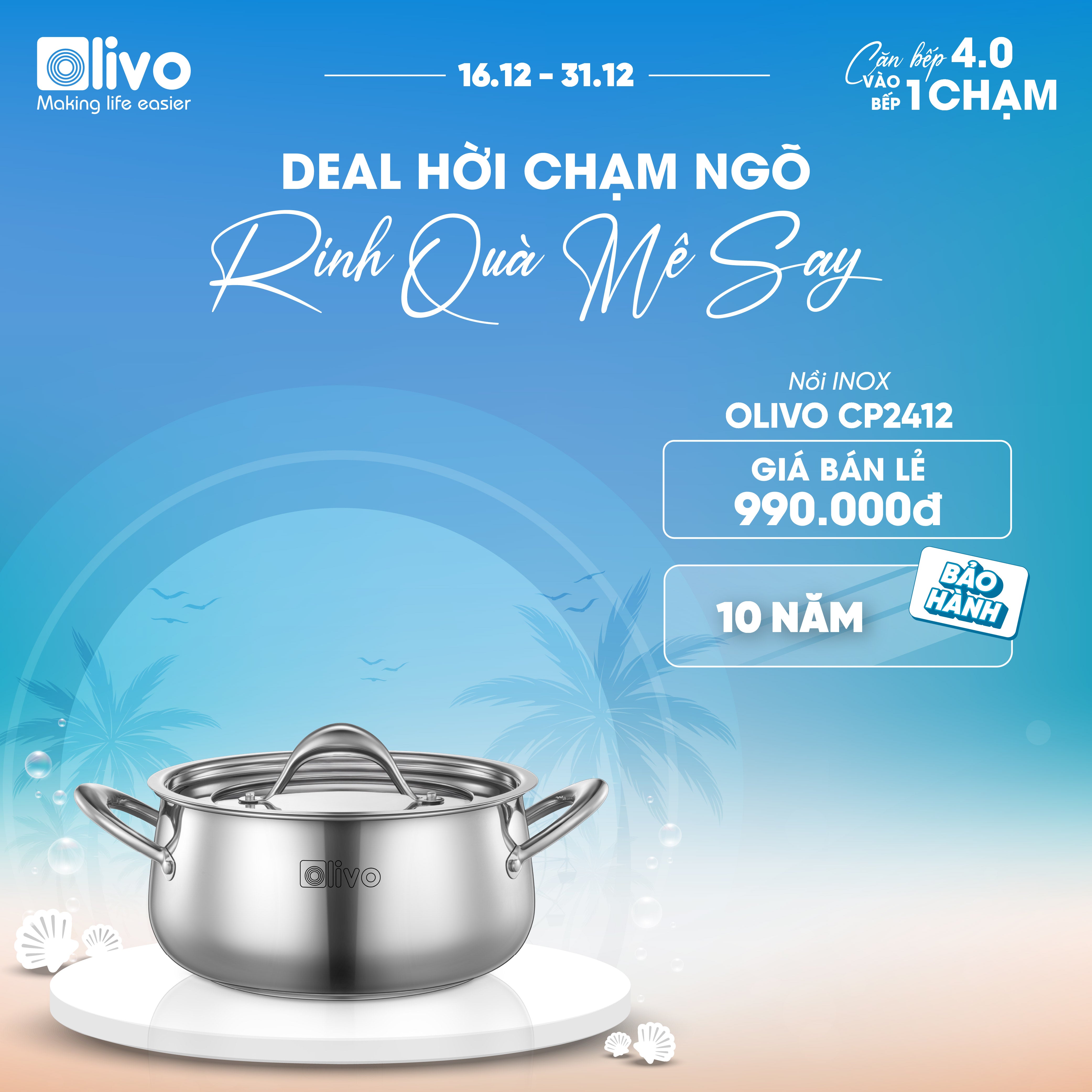 Bộ Nồi Inox OLIVO Chef’s Premium - Bộ 3 Nồi - Đa Dạng Kích Thước - Đáy Kép Liền Khối - Nắp Kính Cường Lực - Nấu Được Trên Mọi Loại Bếp