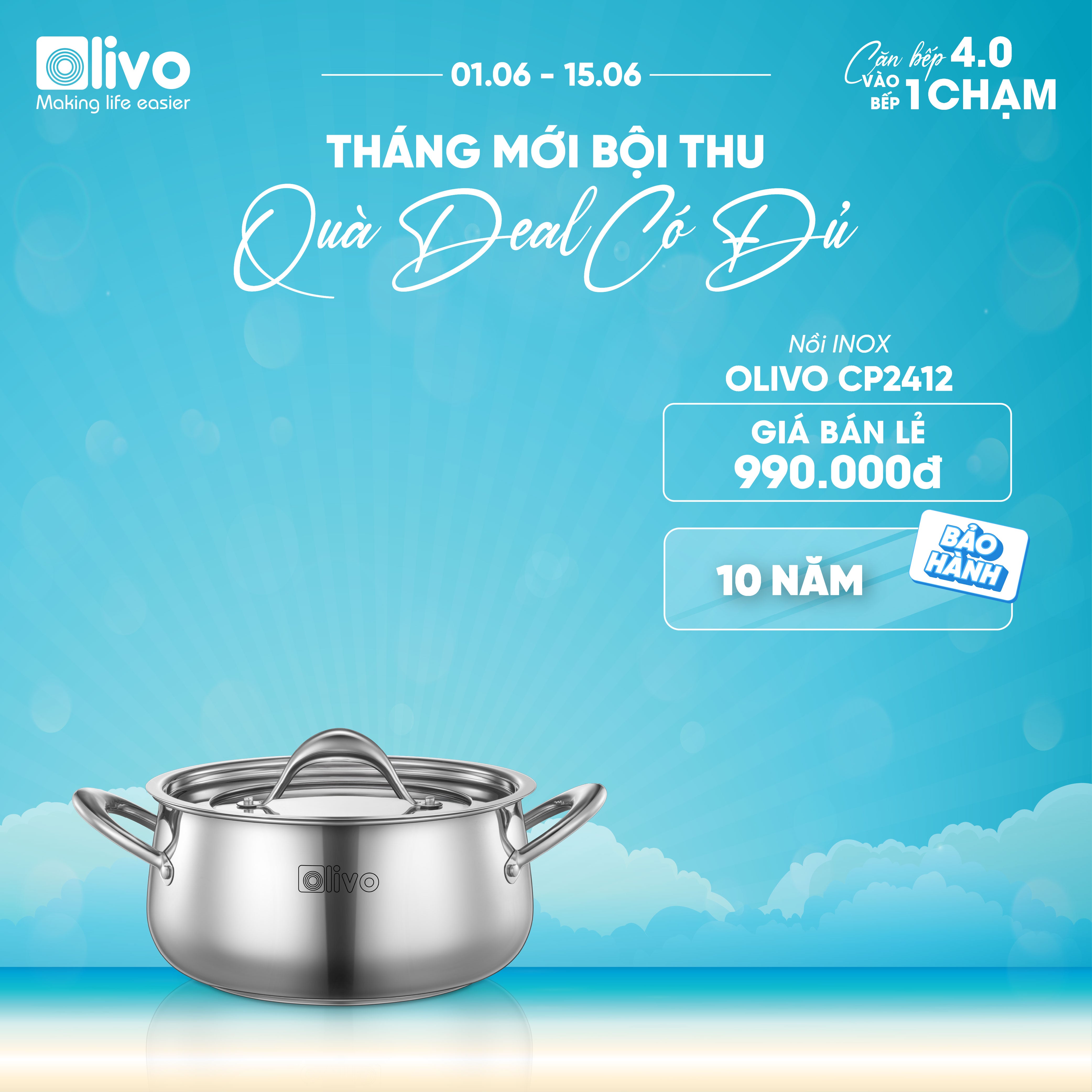 Bộ Nồi Inox OLIVO Chef’s Premium - Bộ 3 Nồi - Đa Dạng Kích Thước - Đáy Kép Liền Khối - Nắp Kính Cường Lực - Nấu Được Trên Mọi Loại Bếp