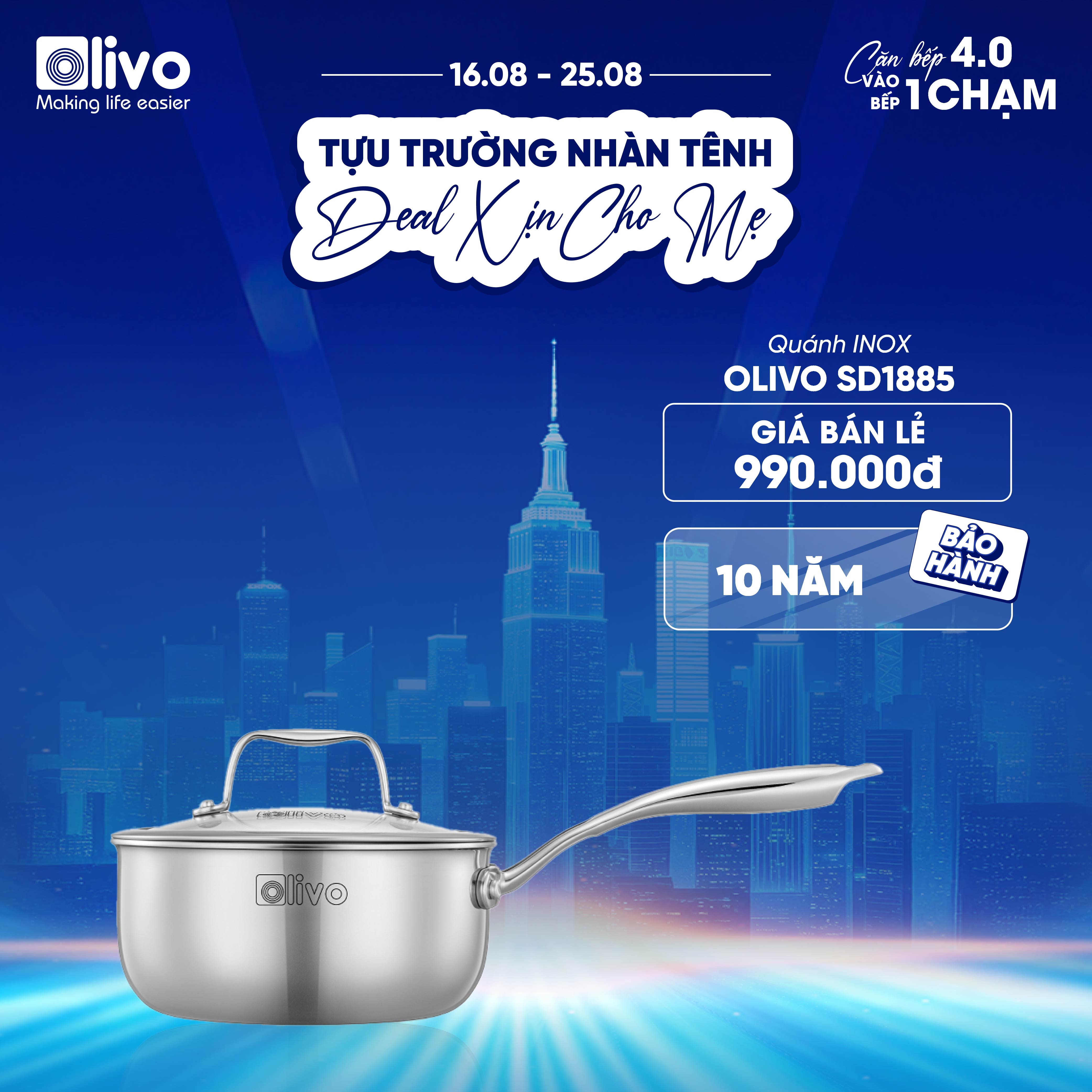 Quánh INOX OLIVO Davinci SD1885 - Kích Thước Nhỏ Gọn - Đường Kính 18Cm - Sâu Lòng  8.5Cm - Nấu Được Trên Mọi Loại Bếp