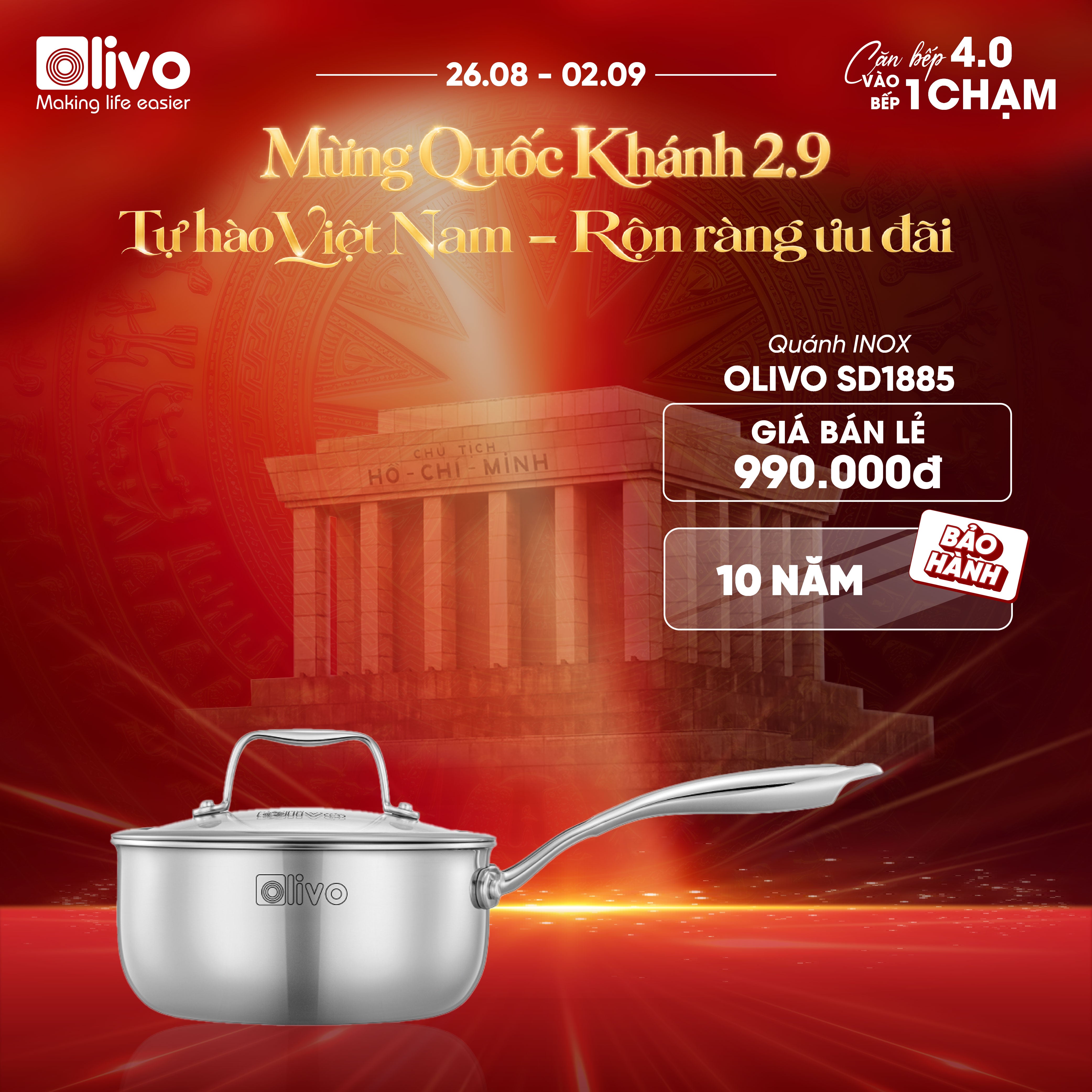 Quánh INOX OLIVO Davinci SD1885 - Kích Thước Nhỏ Gọn - Đường Kính 18Cm - Sâu Lòng  8.5Cm - Nấu Được Trên Mọi Loại Bếp