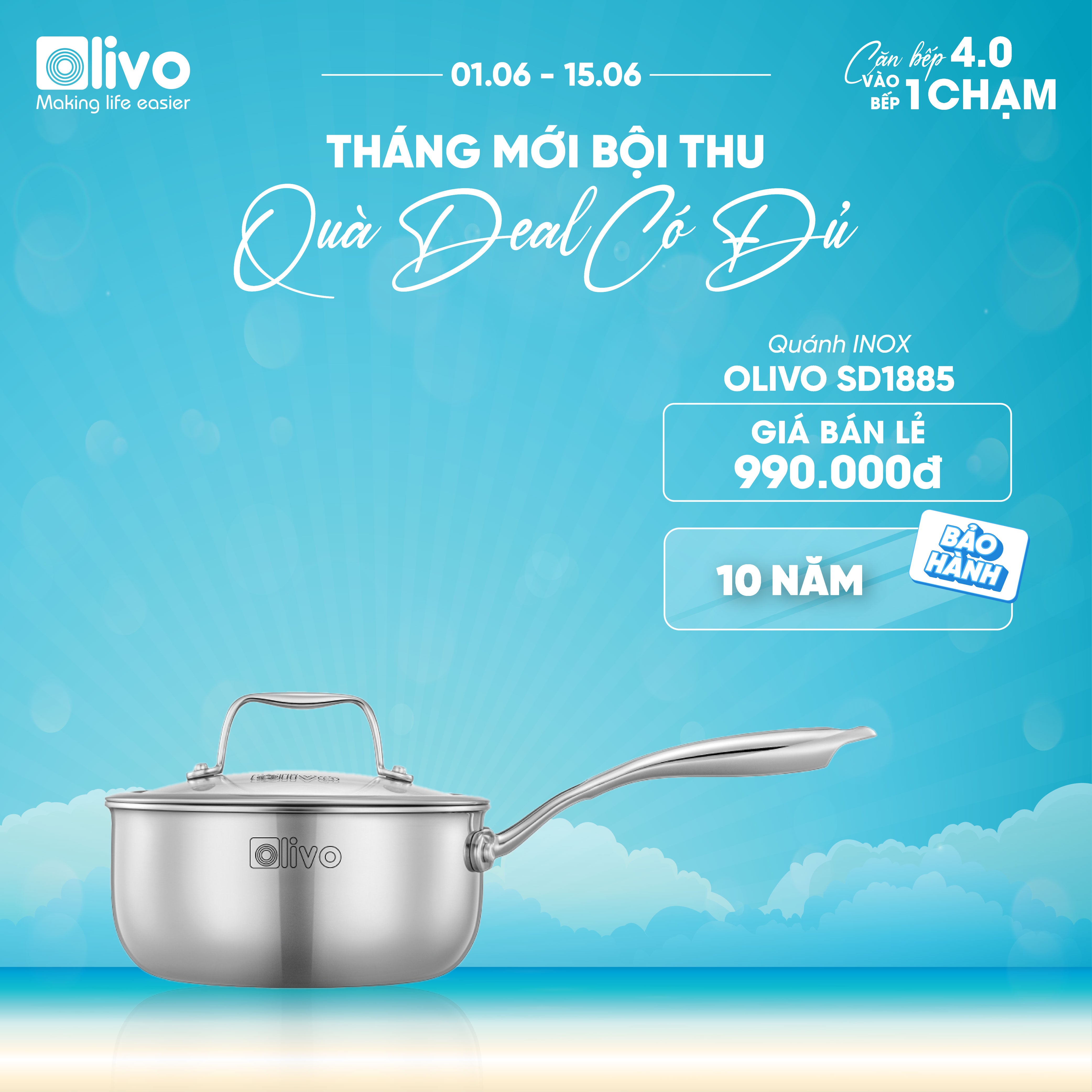 Quánh INOX OLIVO Davinci SD1885 - Kích Thước Nhỏ Gọn - Đường Kính 18Cm - Sâu Lòng  8.5Cm - Nấu Được Trên Mọi Loại Bếp