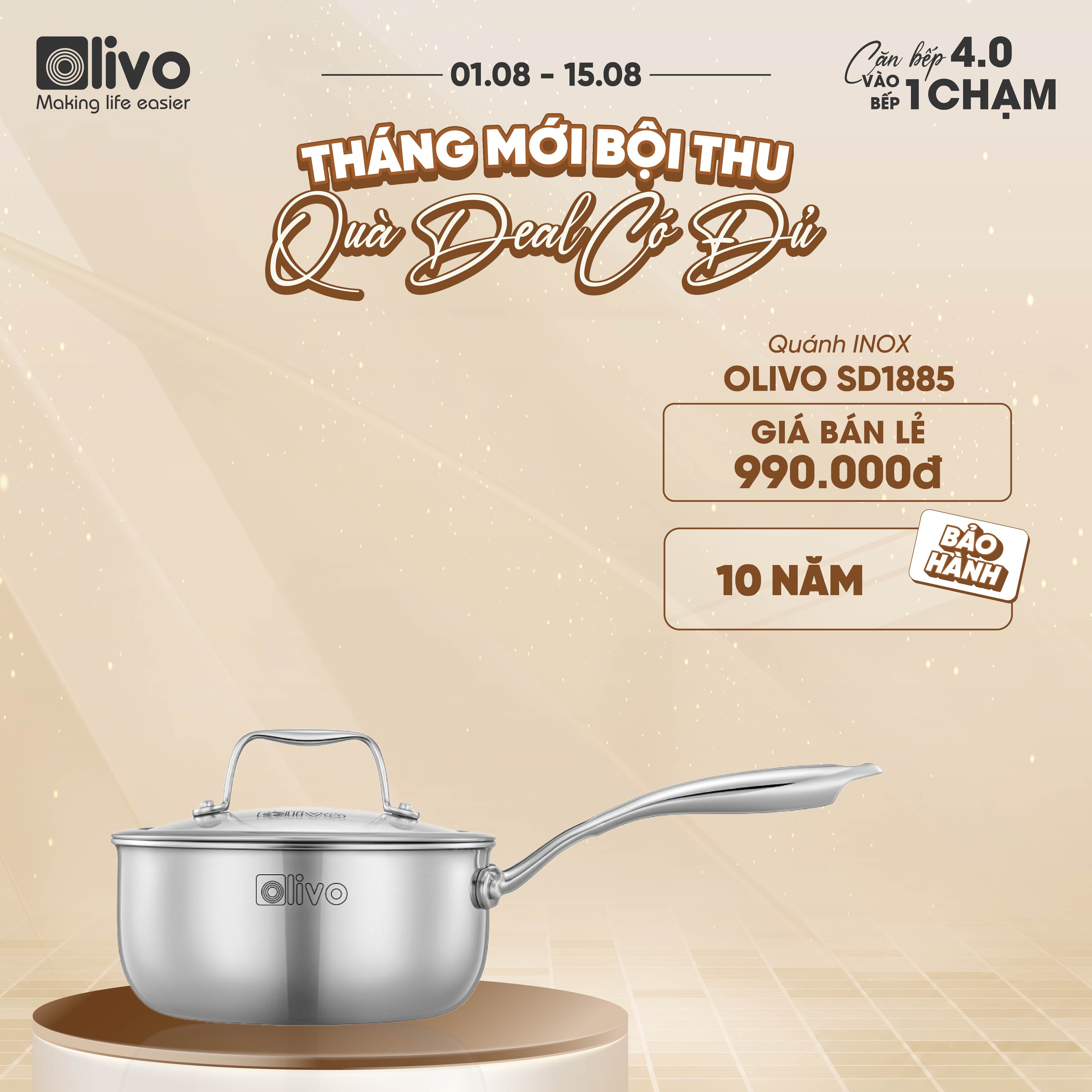 Quánh INOX OLIVO Davinci SD1885 - Kích Thước Nhỏ Gọn - Đường Kính 18Cm - Sâu Lòng  8.5Cm - Nấu Được Trên Mọi Loại Bếp