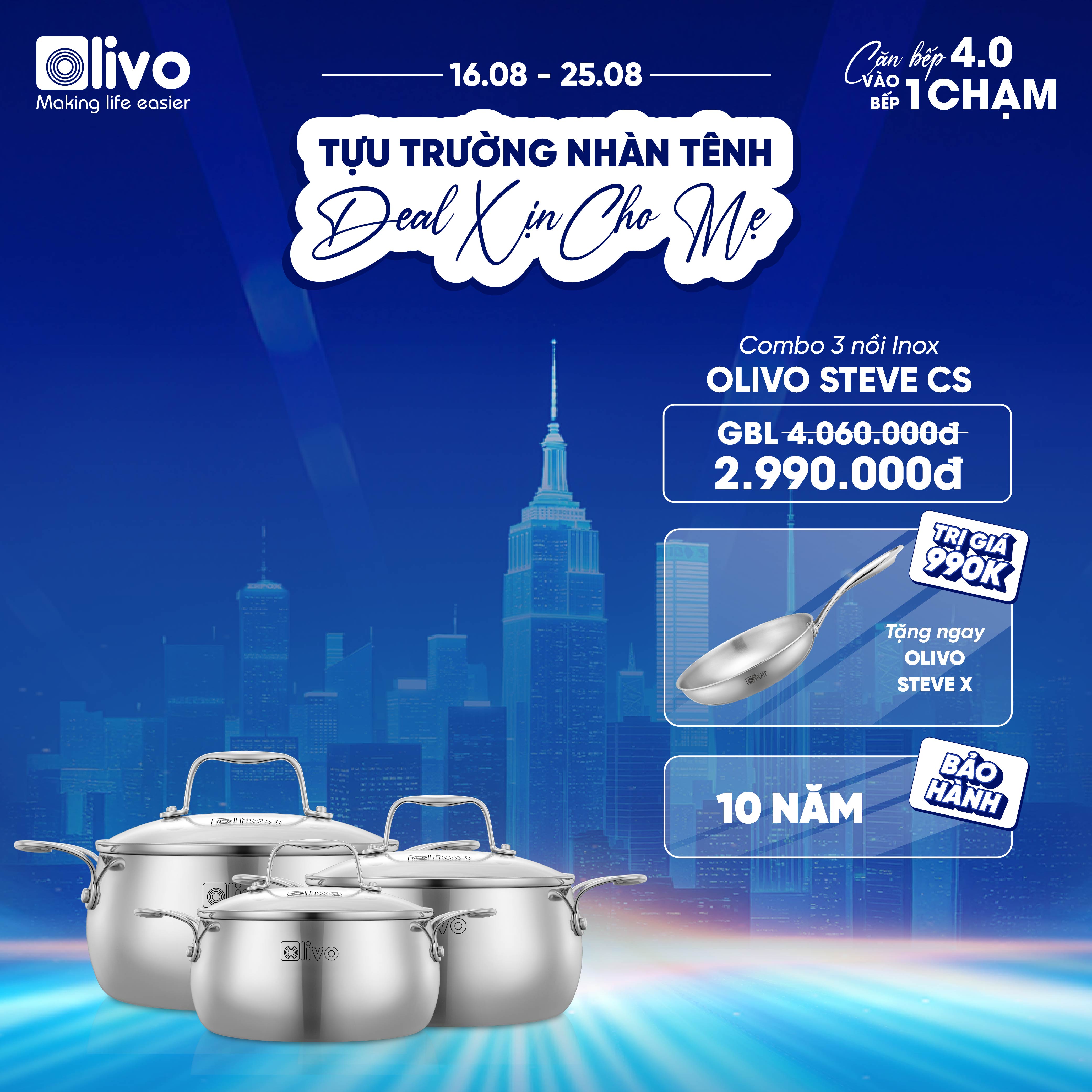 Bộ Nồi Olivo Steve CS - Bộ 3 Nồi - Đa Dạng Kích Thước - Inox 3 Lớp - Nắp Kính Cường Lực - Nấu Được Trên Mọi Loại Bếp