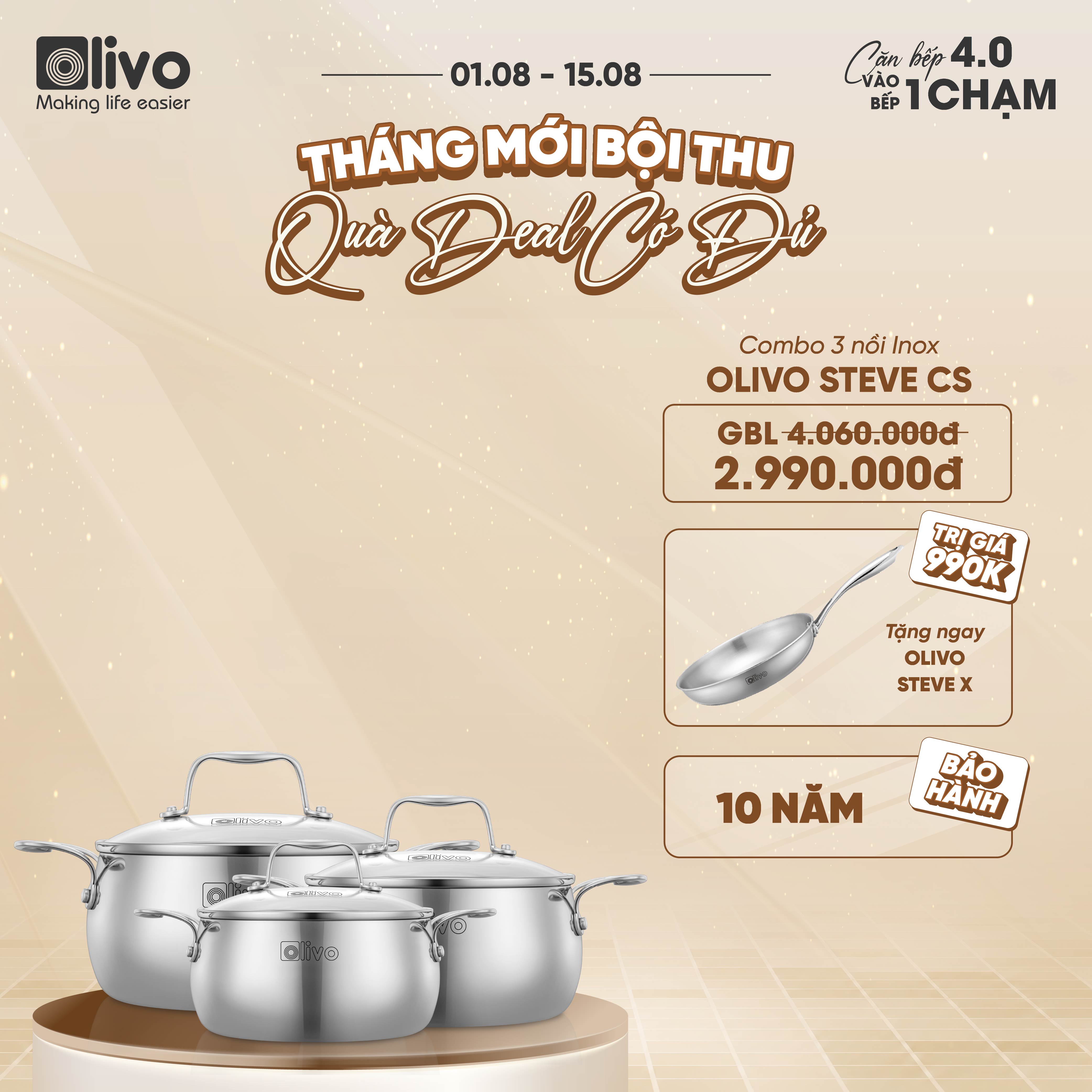 Bộ Nồi Olivo Steve CS - Bộ 3 Nồi - Đa Dạng Kích Thước - Inox 3 Lớp - Nắp Kính Cường Lực - Nấu Được Trên Mọi Loại Bếp