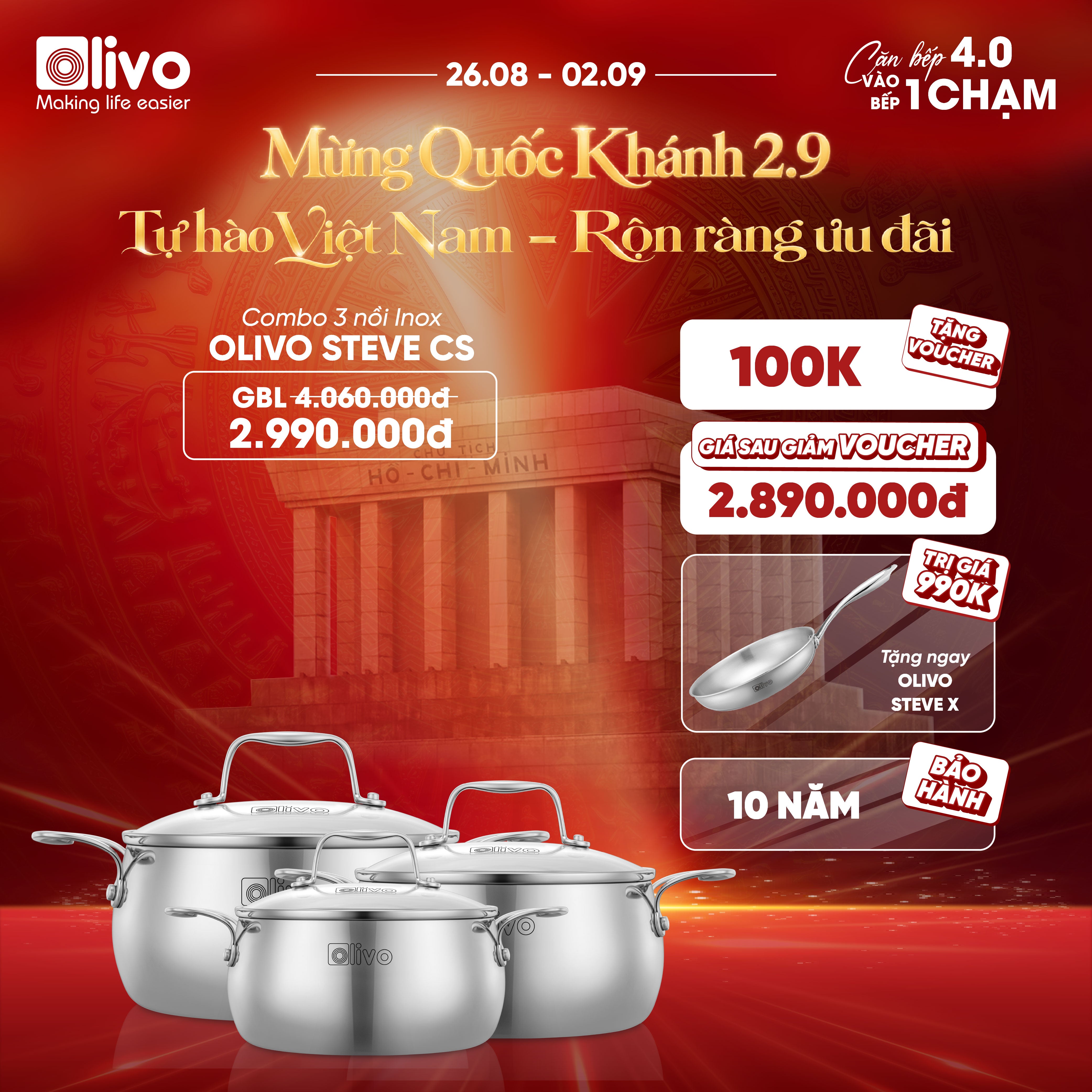 Bộ Nồi Olivo Steve CS - Bộ 3 Nồi - Đa Dạng Kích Thước - Inox 3 Lớp - Nắp Kính Cường Lực - Nấu Được Trên Mọi Loại Bếp