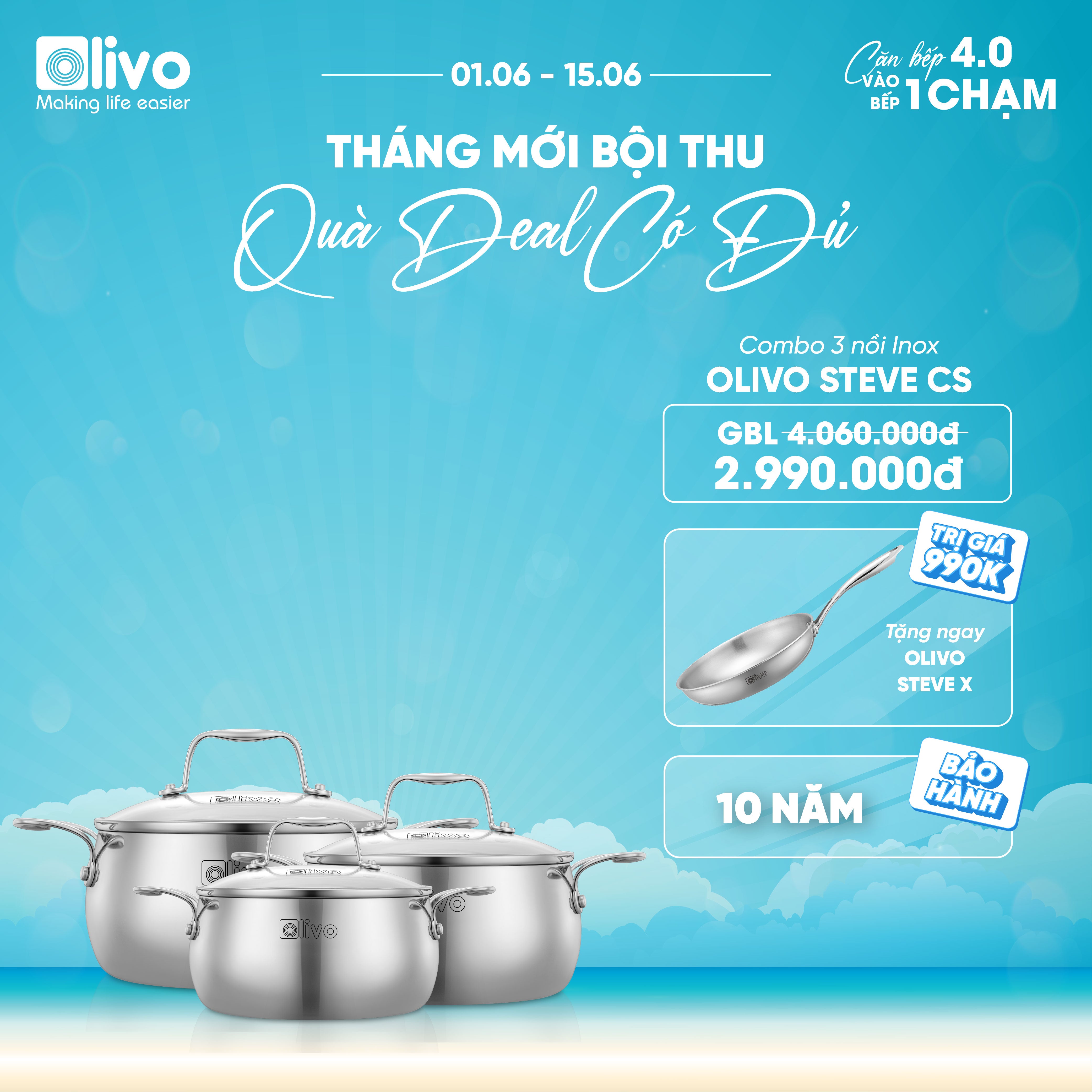 Bộ Nồi Olivo Steve CS - Bộ 3 Nồi - Đa Dạng Kích Thước - Inox 3 Lớp - Nắp Kính Cường Lực - Nấu Được Trên Mọi Loại Bếp