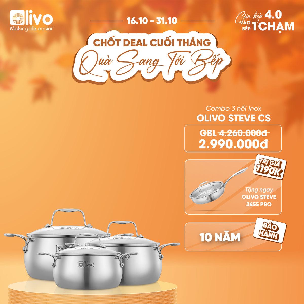 Bộ Nồi Olivo Steve CS - Bộ 3 Nồi - Đa Dạng Kích Thước - Inox 3 Lớp - Nắp Kính Cường Lực - Nấu Được Trên Mọi Loại Bếp