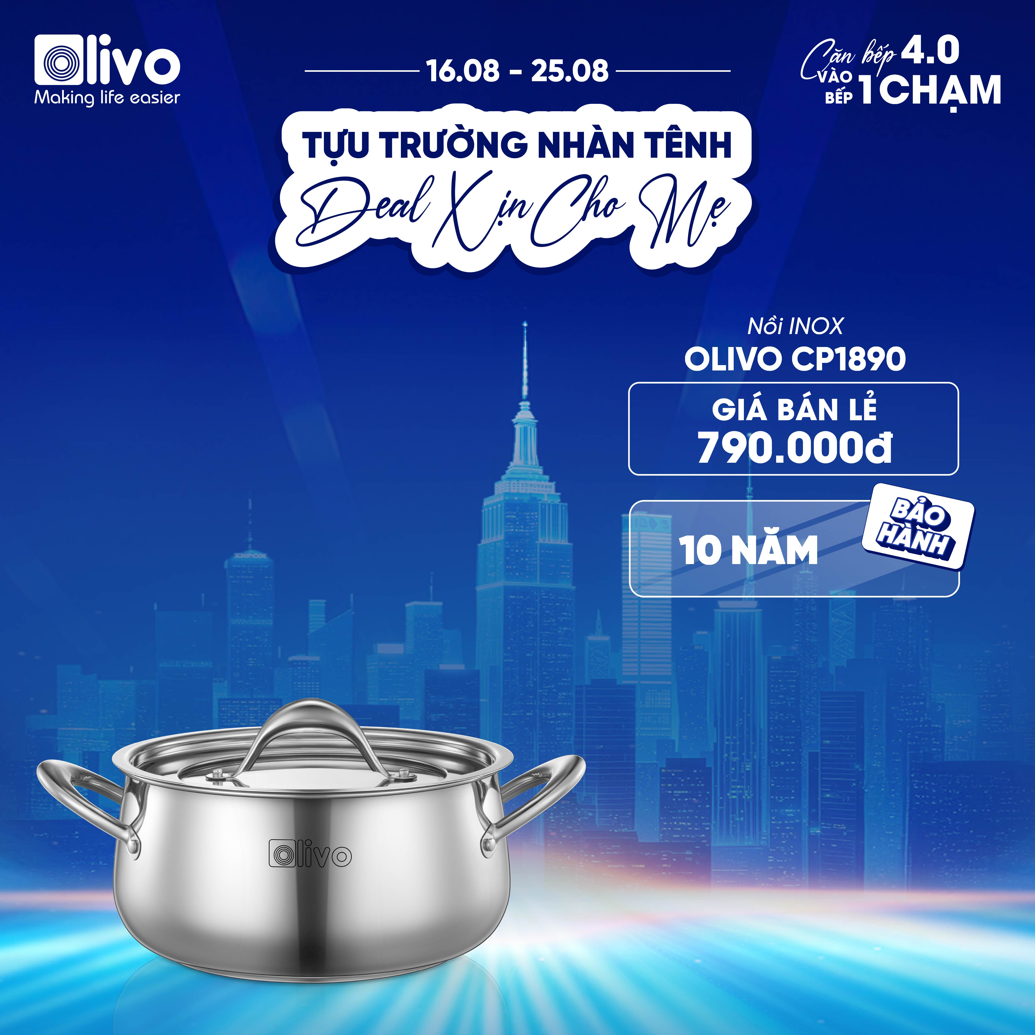 Bộ Nồi Inox OLIVO Chef’s Premium - Bộ 3 Nồi - Đa Dạng Kích Thước - Đáy Kép Liền Khối - Nắp Kính Cường Lực - Nấu Được Trên Mọi Loại Bếp