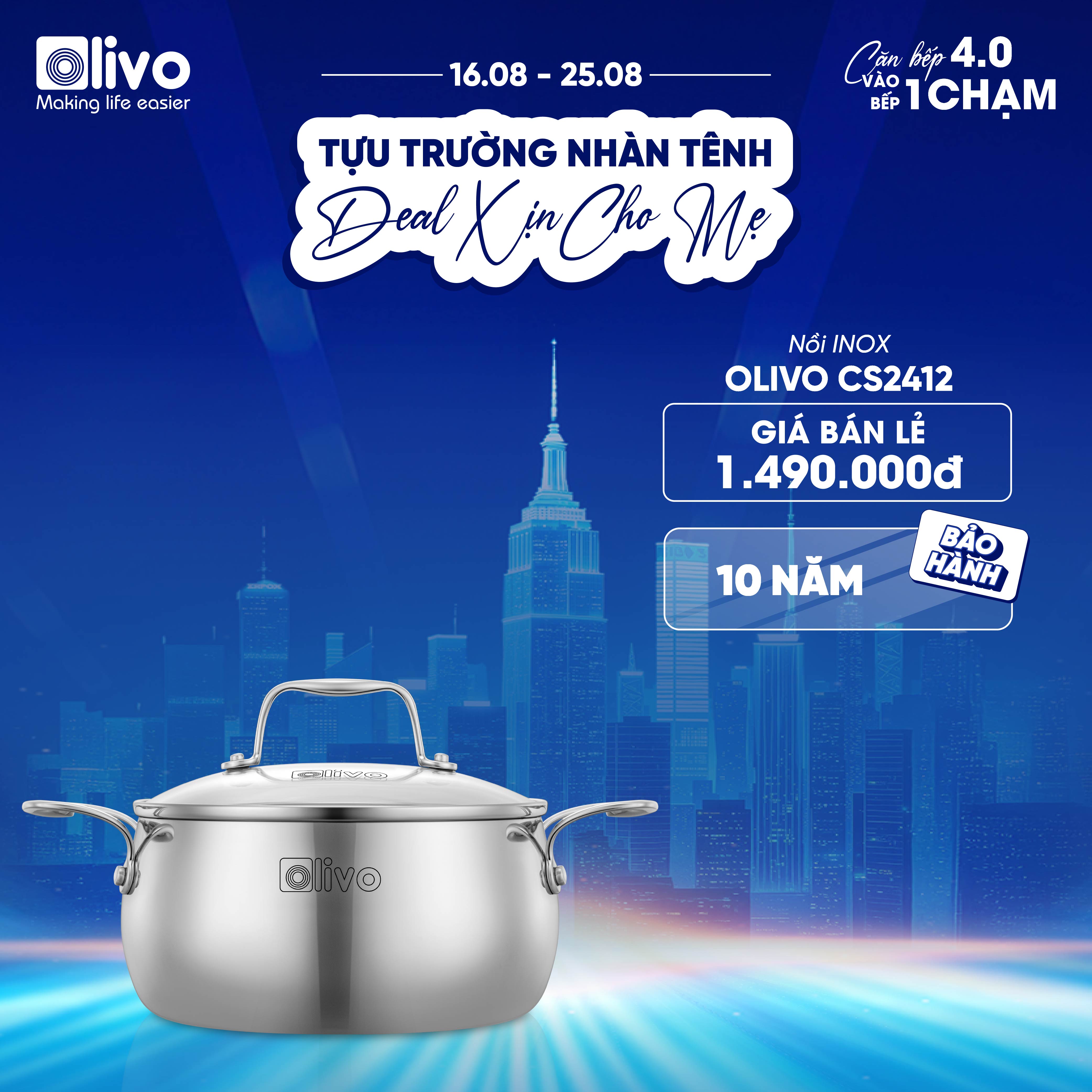 Bộ Nồi Olivo Steve CS - Bộ 3 Nồi - Đa Dạng Kích Thước - Inox 3 Lớp - Nắp Kính Cường Lực - Nấu Được Trên Mọi Loại Bếp
