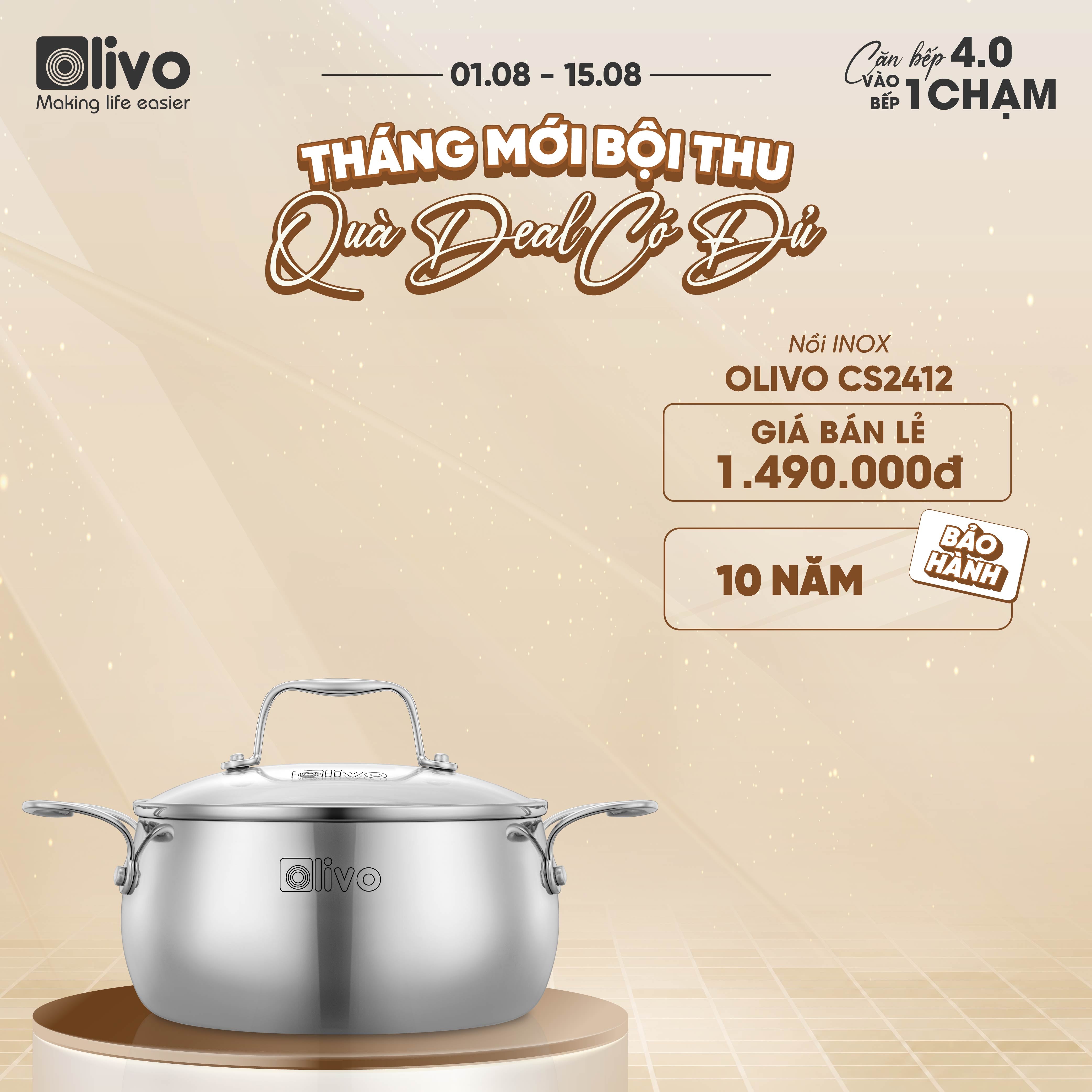 Bộ Nồi Olivo Steve CS - Bộ 3 Nồi - Đa Dạng Kích Thước - Inox 3 Lớp - Nắp Kính Cường Lực - Nấu Được Trên Mọi Loại Bếp
