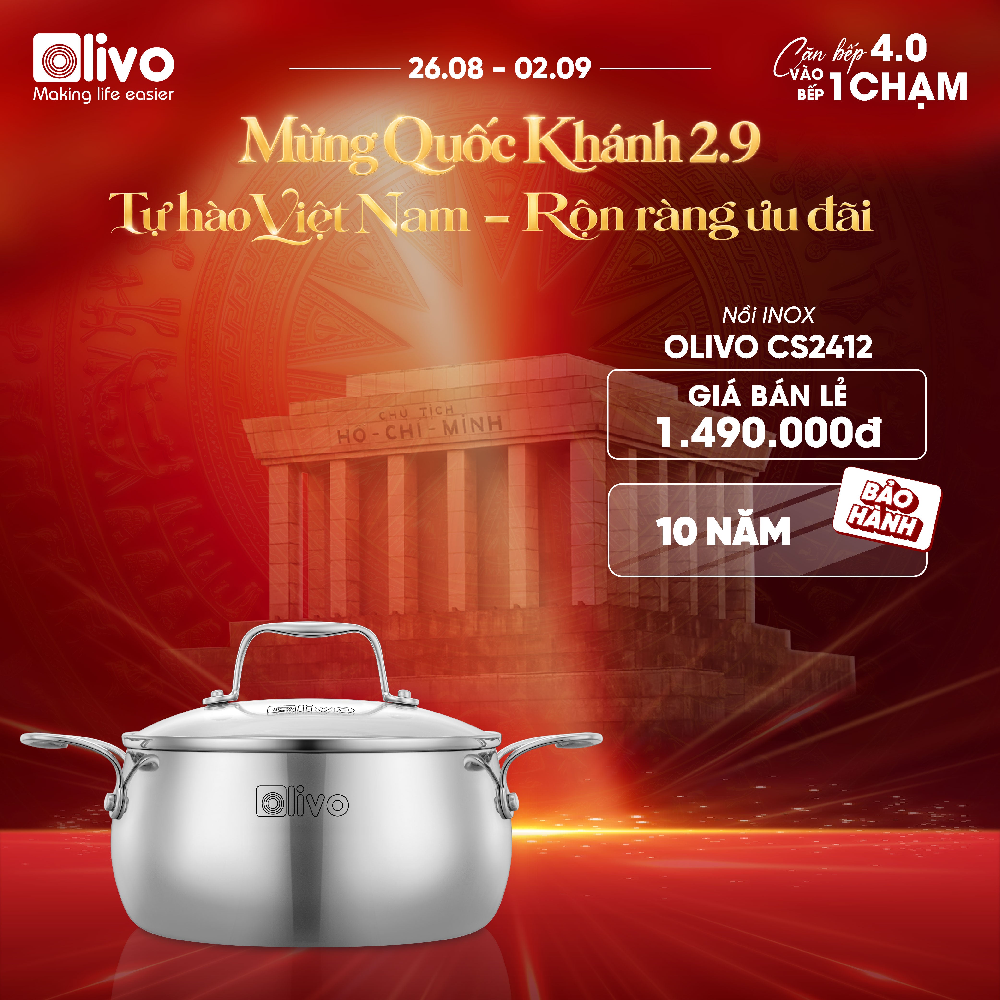 Bộ Nồi Olivo Steve CS - Bộ 3 Nồi - Đa Dạng Kích Thước - Inox 3 Lớp - Nắp Kính Cường Lực - Nấu Được Trên Mọi Loại Bếp