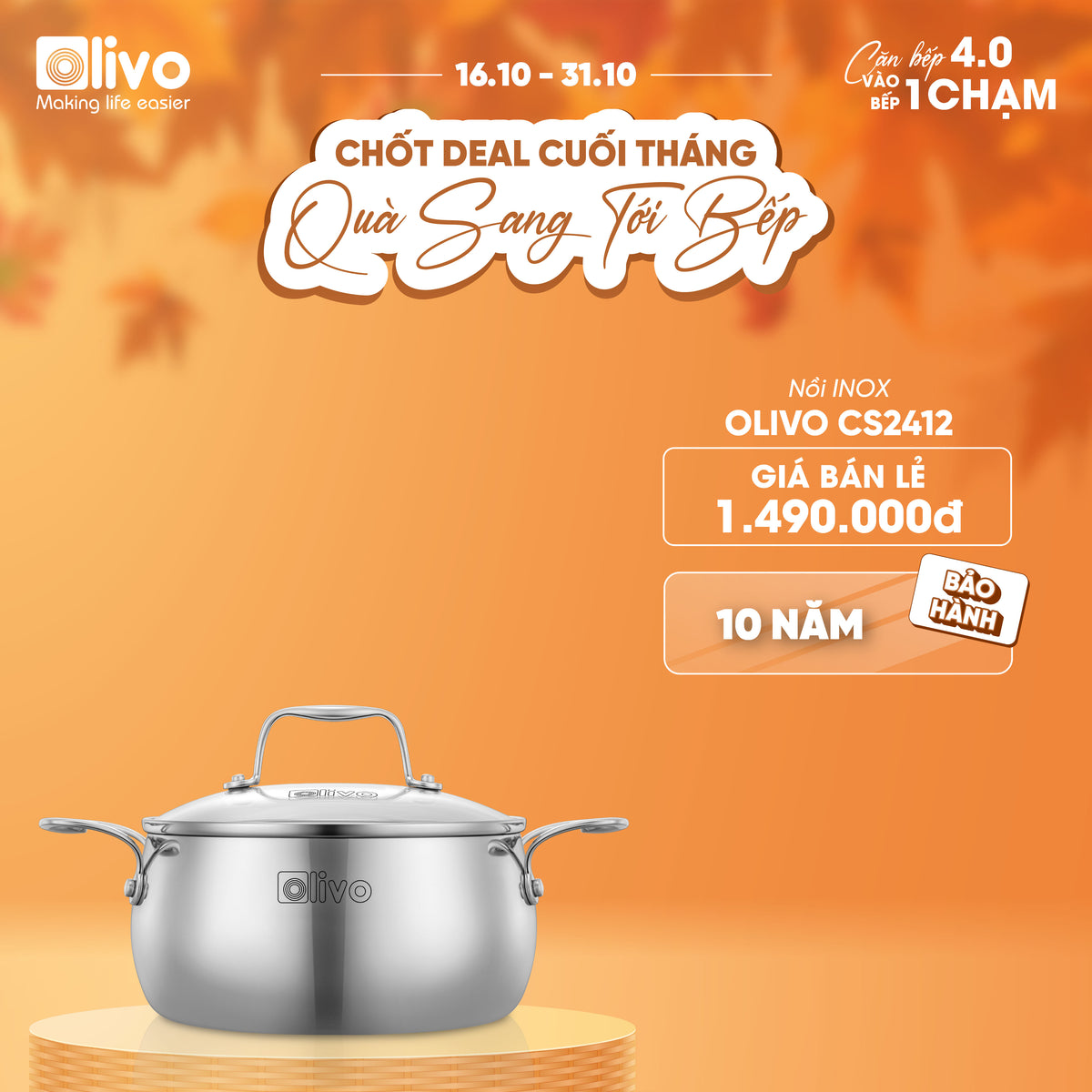 Bộ Nồi Olivo Steve CS - Bộ 3 Nồi - Đa Dạng Kích Thước - Inox 3 Lớp - Nắp Kính Cường Lực - Nấu Được Trên Mọi Loại Bếp