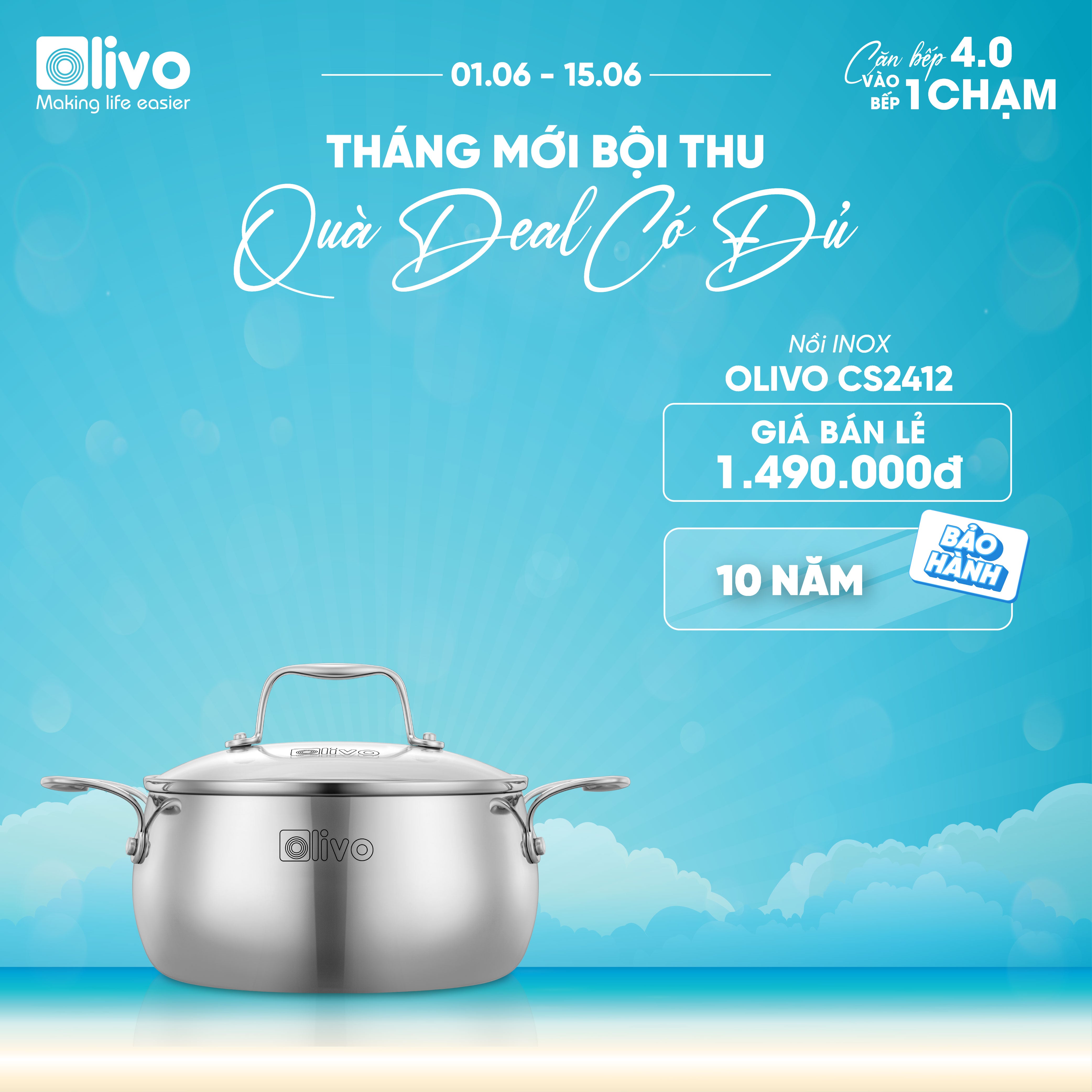 Bộ Nồi Olivo Steve CS - Bộ 3 Nồi - Đa Dạng Kích Thước - Inox 3 Lớp - Nắp Kính Cường Lực - Nấu Được Trên Mọi Loại Bếp
