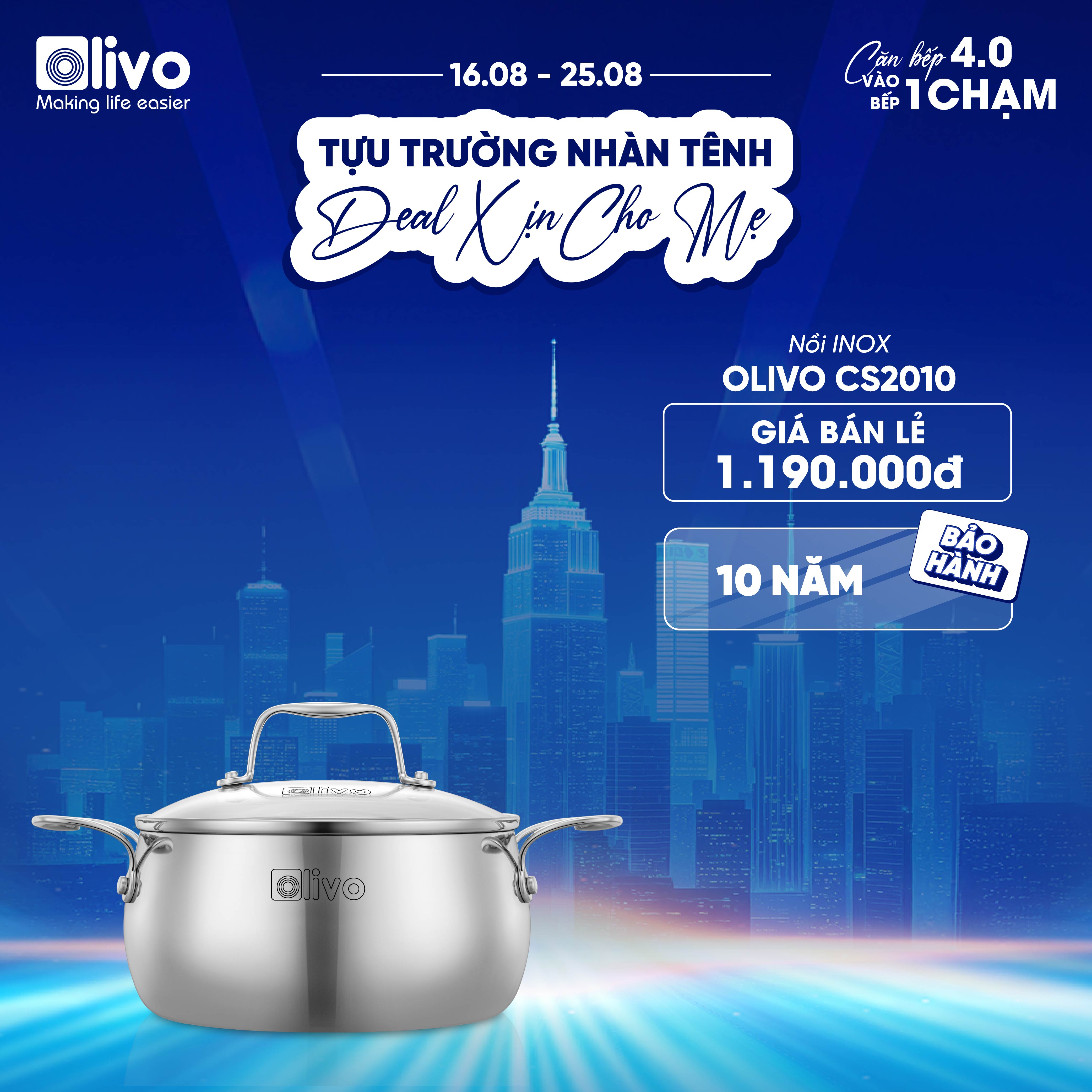Bộ Nồi Olivo Steve CS - Bộ 3 Nồi - Đa Dạng Kích Thước - Inox 3 Lớp - Nắp Kính Cường Lực - Nấu Được Trên Mọi Loại Bếp
