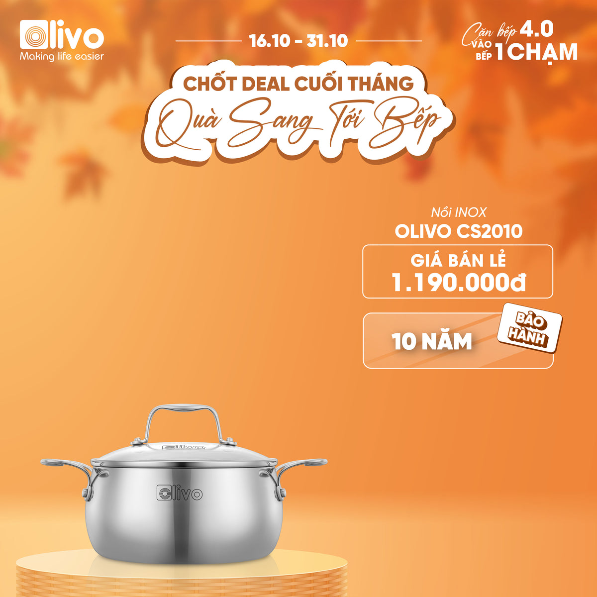Bộ Nồi Olivo Steve CS - Bộ 3 Nồi - Đa Dạng Kích Thước - Inox 3 Lớp - Nắp Kính Cường Lực - Nấu Được Trên Mọi Loại Bếp