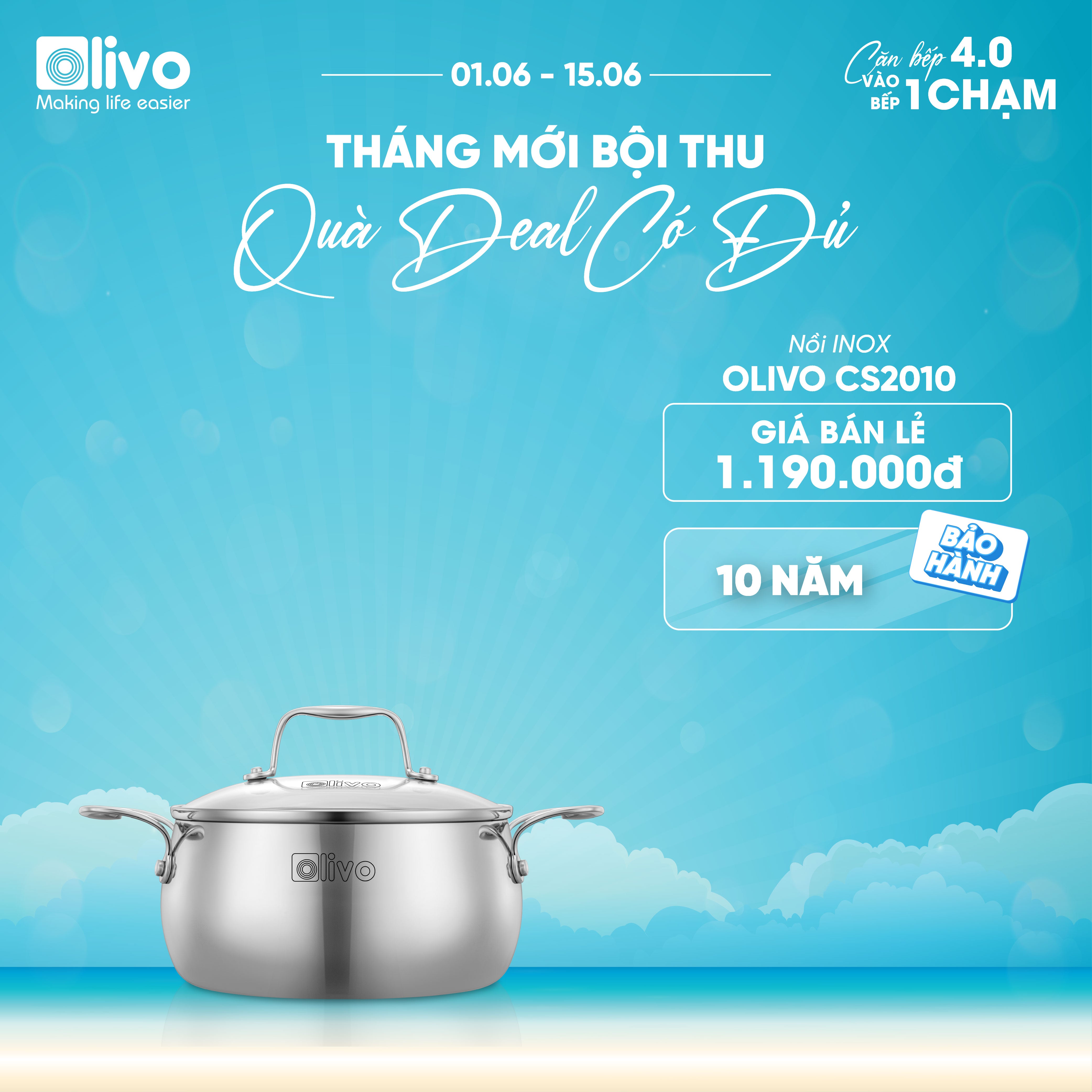 Bộ Nồi Olivo Steve CS - Bộ 3 Nồi - Đa Dạng Kích Thước - Inox 3 Lớp - Nắp Kính Cường Lực - Nấu Được Trên Mọi Loại Bếp