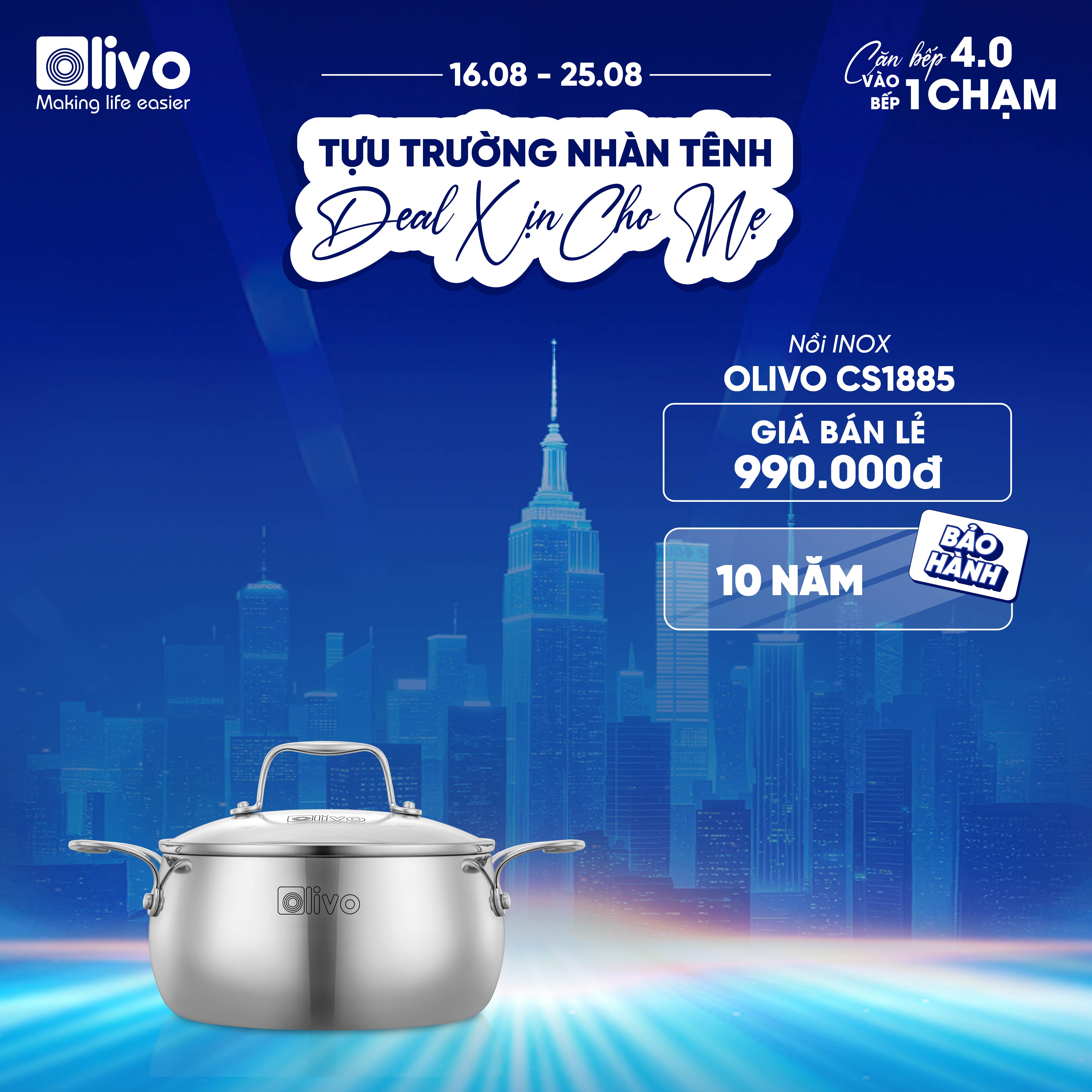 Bộ Nồi Olivo Steve CS - Bộ 3 Nồi - Đa Dạng Kích Thước - Inox 3 Lớp - Nắp Kính Cường Lực - Nấu Được Trên Mọi Loại Bếp