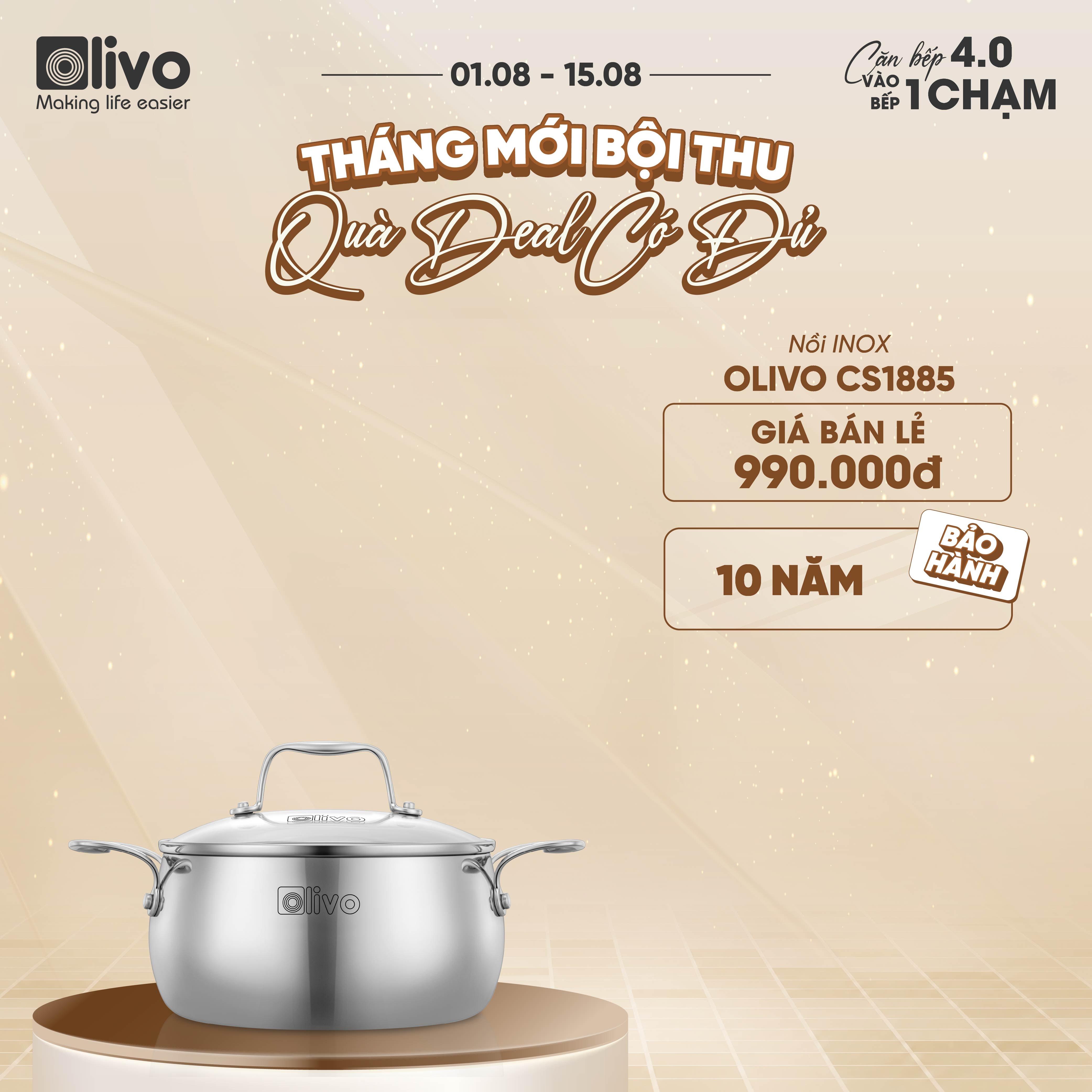 Bộ Nồi Olivo Steve CS - Bộ 3 Nồi - Đa Dạng Kích Thước - Inox 3 Lớp - Nắp Kính Cường Lực - Nấu Được Trên Mọi Loại Bếp