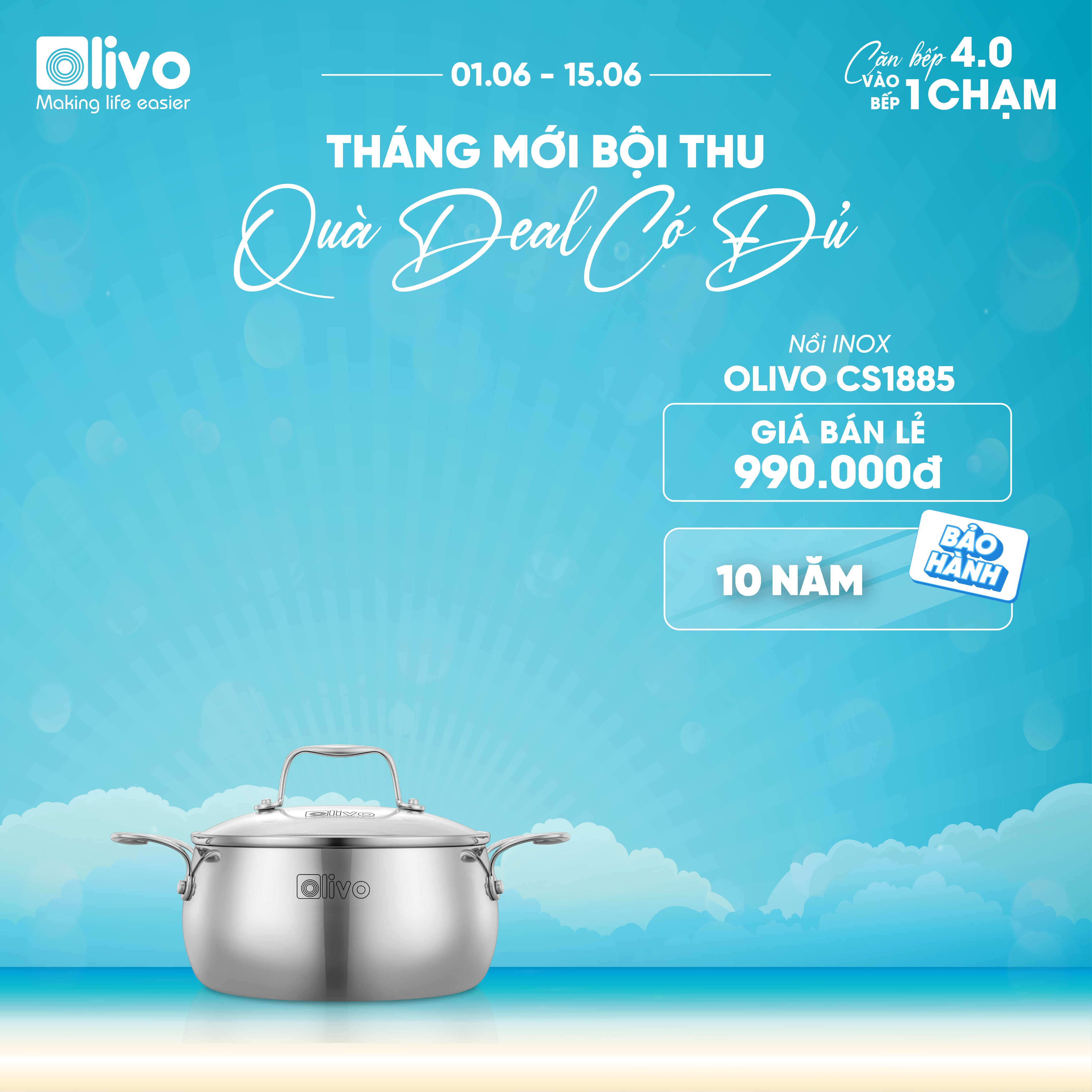 Bộ Nồi Olivo Steve CS - Bộ 3 Nồi - Đa Dạng Kích Thước - Inox 3 Lớp - Nắp Kính Cường Lực - Nấu Được Trên Mọi Loại Bếp