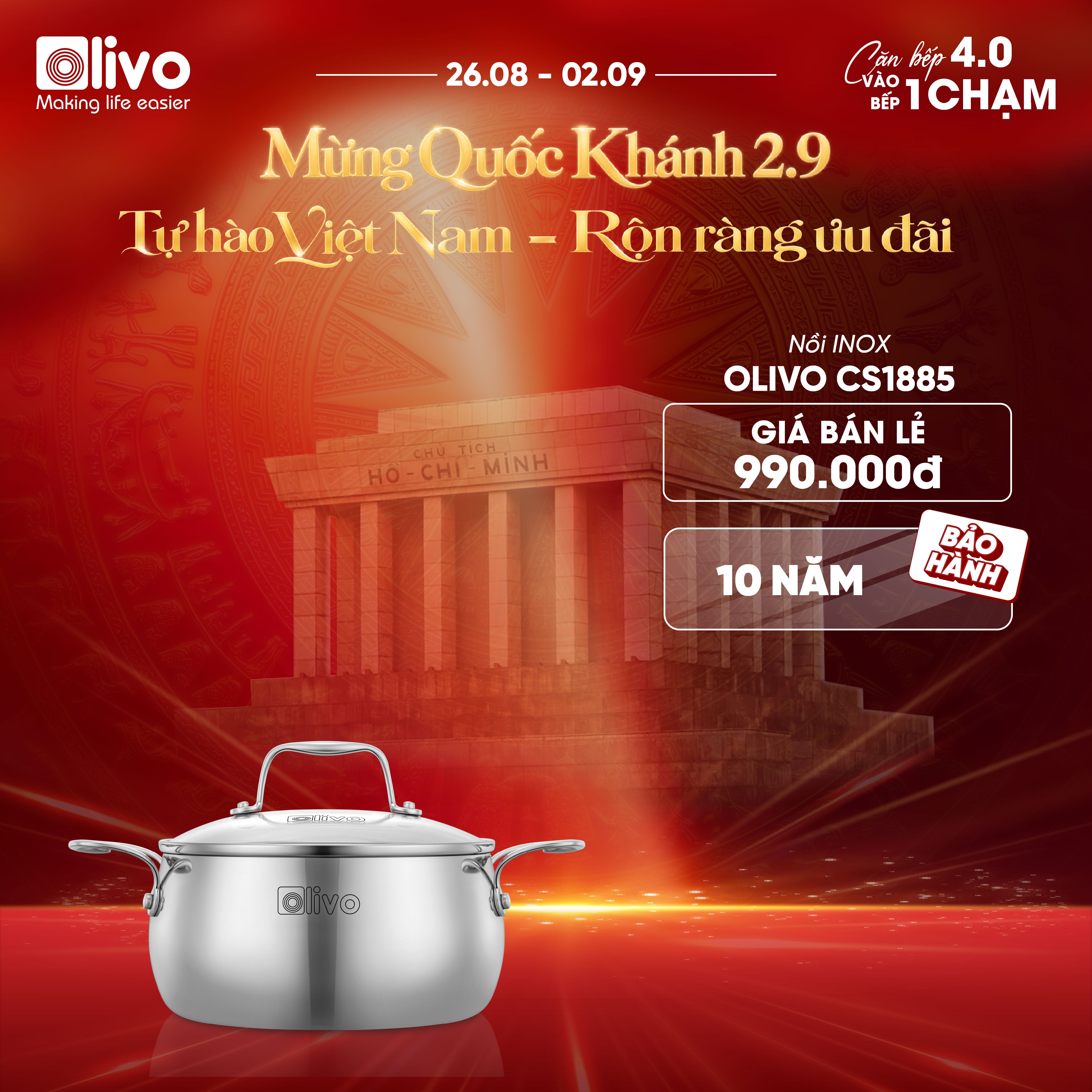 Bộ Nồi Olivo Steve CS - Bộ 3 Nồi - Đa Dạng Kích Thước - Inox 3 Lớp - Nắp Kính Cường Lực - Nấu Được Trên Mọi Loại Bếp