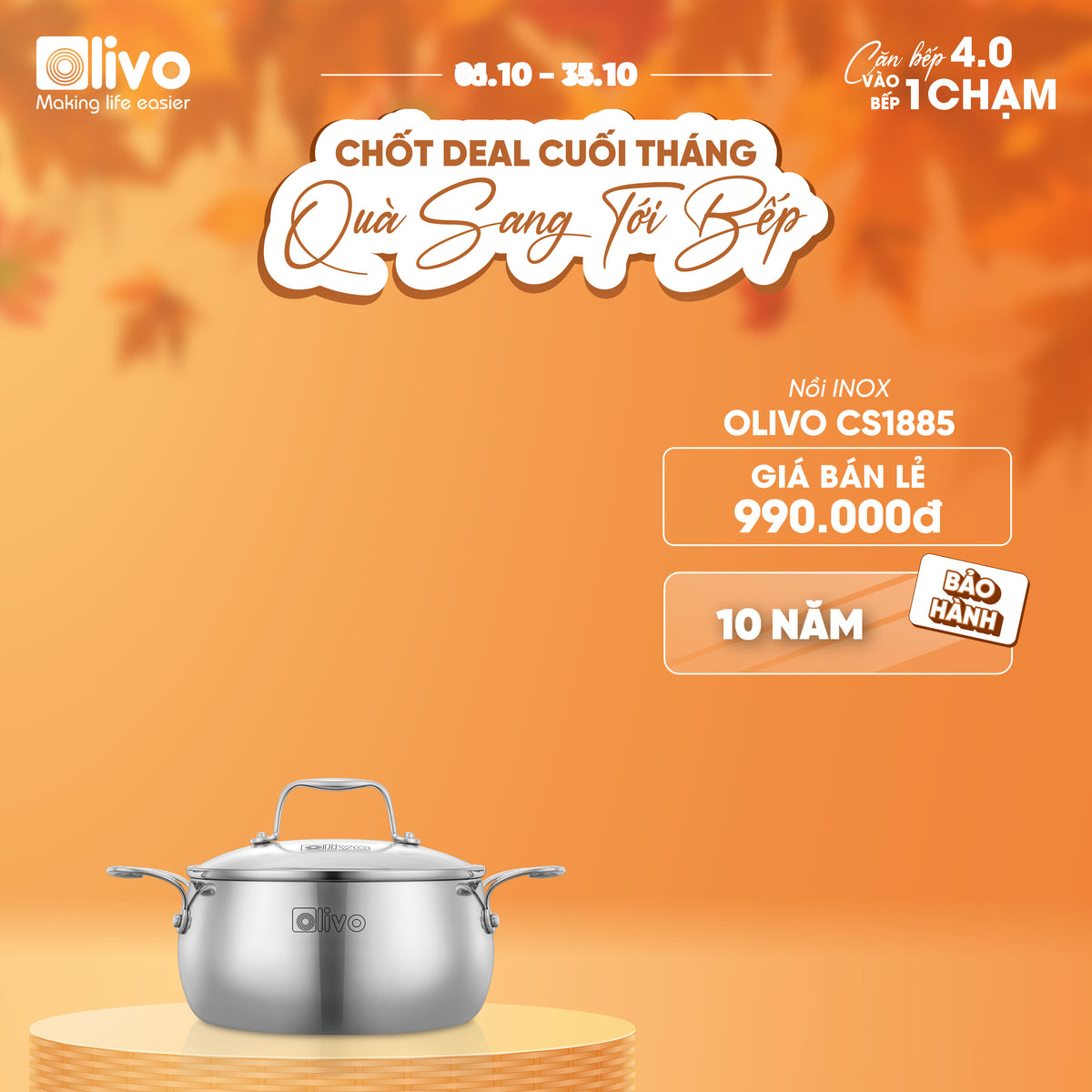 Bộ Nồi Olivo Steve CS - Bộ 3 Nồi - Đa Dạng Kích Thước - Inox 3 Lớp - Nắp Kính Cường Lực - Nấu Được Trên Mọi Loại Bếp