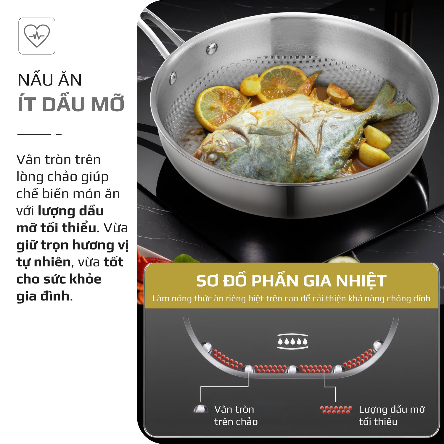 Chảo INOX OLIVO STEVE 2455 PRO - Lòng Chảo Vân Tròn - Chống Dính Tự Nhiên - Đường Kính 24Cm - Sâu Lòng 5.5Cm - Nấu Được Trên Mọi Loại Bếp