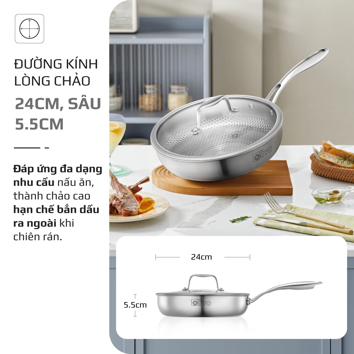 Chảo INOX OLIVO STEVE 2455 PRO - Lòng Chảo Vân Tròn - Chống Dính Tự Nhiên - Đường Kính 24Cm - Sâu Lòng 5.5Cm - Nấu Được Trên Mọi Loại Bếp