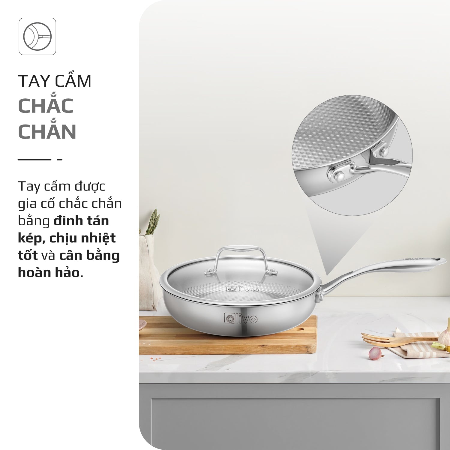 Chảo INOX OLIVO STEVE 2455 PRO - Lòng Chảo Vân Tròn - Chống Dính Tự Nhiên - Đường Kính 24Cm - Sâu Lòng 5.5Cm - Nấu Được Trên Mọi Loại Bếp