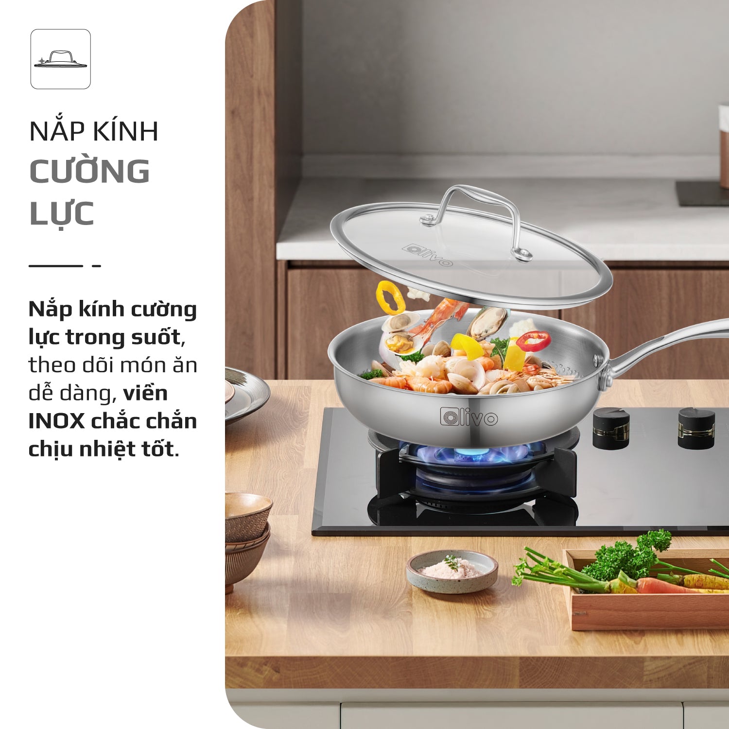 Chảo INOX OLIVO STEVE 2455 PRO - Lòng Chảo Vân Tròn - Chống Dính Tự Nhiên - Đường Kính 24Cm - Sâu Lòng 5.5Cm - Nấu Được Trên Mọi Loại Bếp