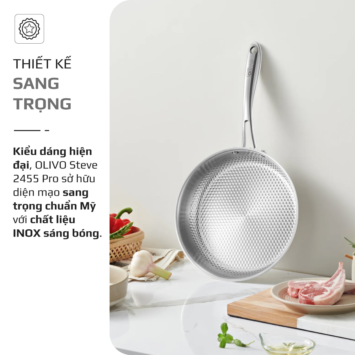 Chảo INOX OLIVO STEVE 2455 PRO - Lòng Chảo Vân Tròn - Chống Dính Tự Nhiên - Đường Kính 24Cm - Sâu Lòng 5.5Cm - Nấu Được Trên Mọi Loại Bếp