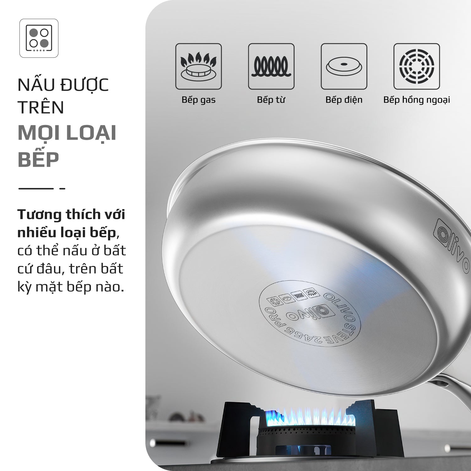 Chảo INOX OLIVO STEVE 2455 PRO - Lòng Chảo Vân Tròn - Chống Dính Tự Nhiên - Đường Kính 24Cm - Sâu Lòng 5.5Cm - Nấu Được Trên Mọi Loại Bếp