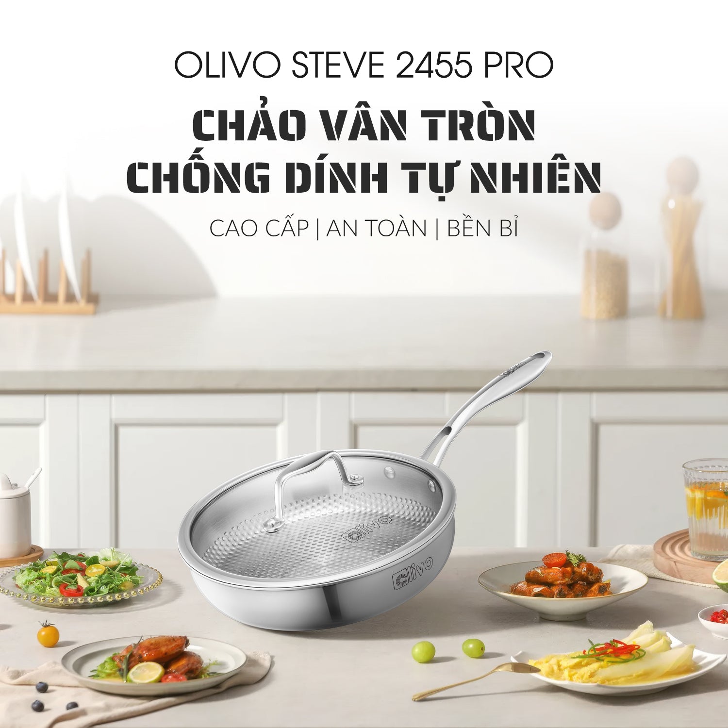 Chảo INOX OLIVO STEVE 2455 PRO - Lòng Chảo Vân Tròn - Chống Dính Tự Nhiên - Đường Kính 24Cm - Sâu Lòng 5.5Cm - Nấu Được Trên Mọi Loại Bếp