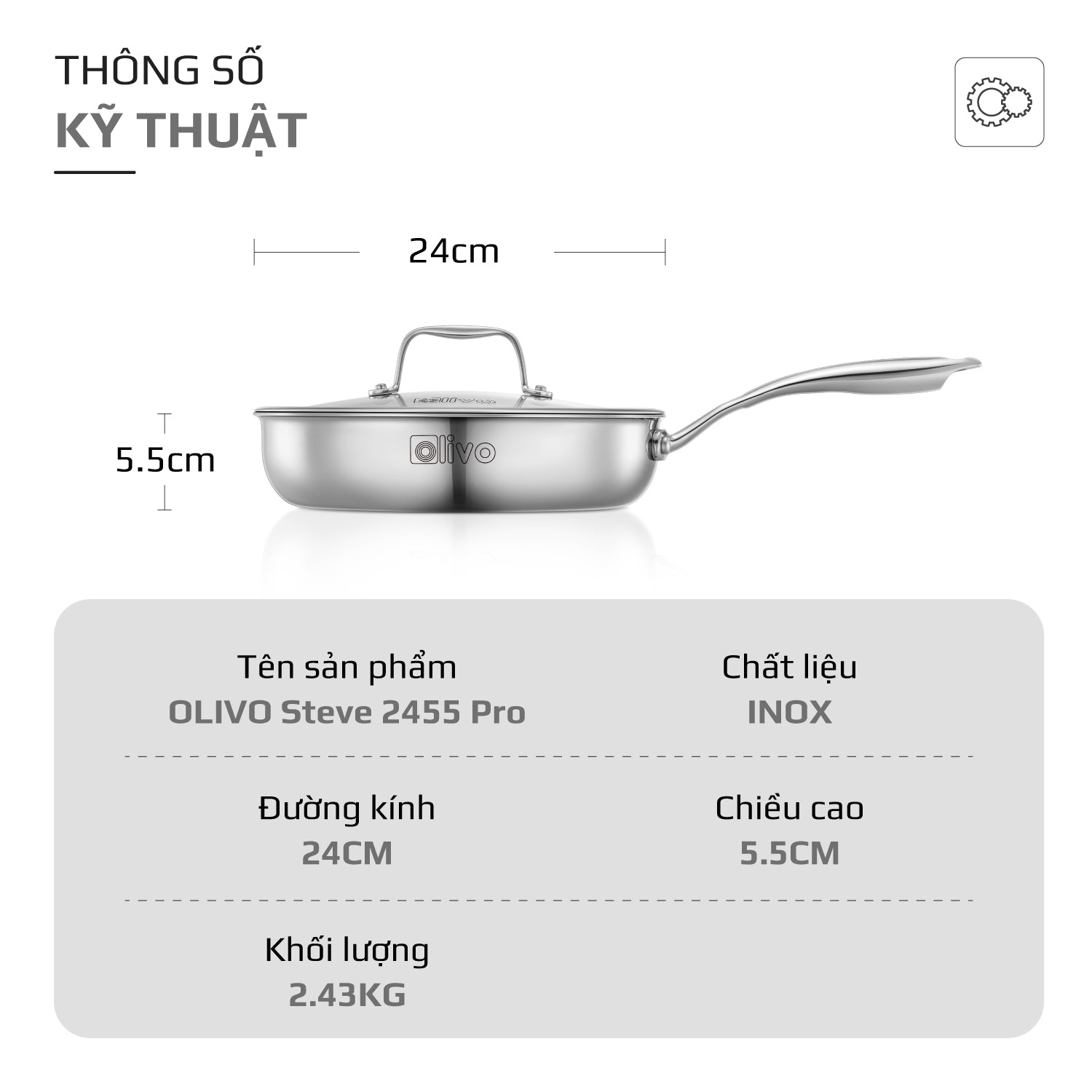 Chảo INOX OLIVO STEVE 2455 PRO - Lòng Chảo Vân Tròn - Chống Dính Tự Nhiên - Đường Kính 24Cm - Sâu Lòng 5.5Cm - Nấu Được Trên Mọi Loại Bếp