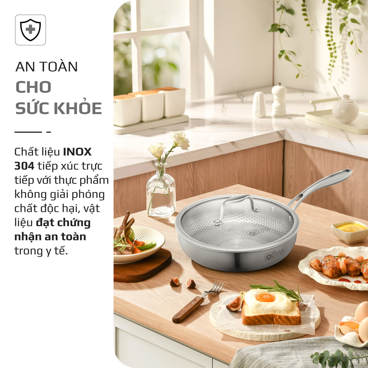 Chảo INOX OLIVO STEVE 2455 PRO - Lòng Chảo Vân Tròn - Chống Dính Tự Nhiên - Đường Kính 24Cm - Sâu Lòng 5.5Cm - Nấu Được Trên Mọi Loại Bếp
