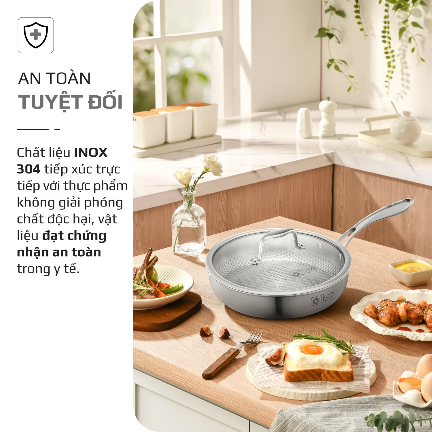 Chảo INOX OLIVO STEVE 2455 PRO - Lòng Chảo Vân Tròn - Chống Dính Tự Nhiên - Đường Kính 24Cm - Sâu Lòng 5.5Cm - Nấu Được Trên Mọi Loại Bếp