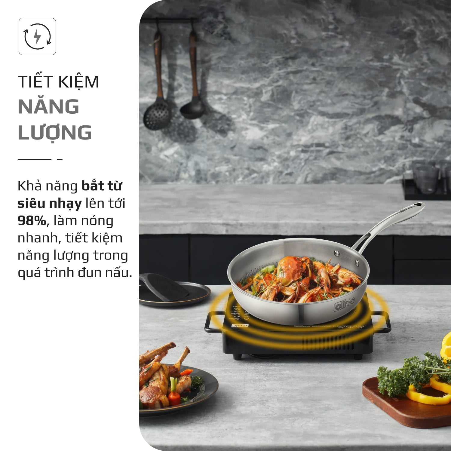 Chảo INOX OLIVO STEVE 2455 PRO - Lòng Chảo Vân Tròn - Chống Dính Tự Nhiên - Đường Kính 24Cm - Sâu Lòng 5.5Cm - Nấu Được Trên Mọi Loại Bếp