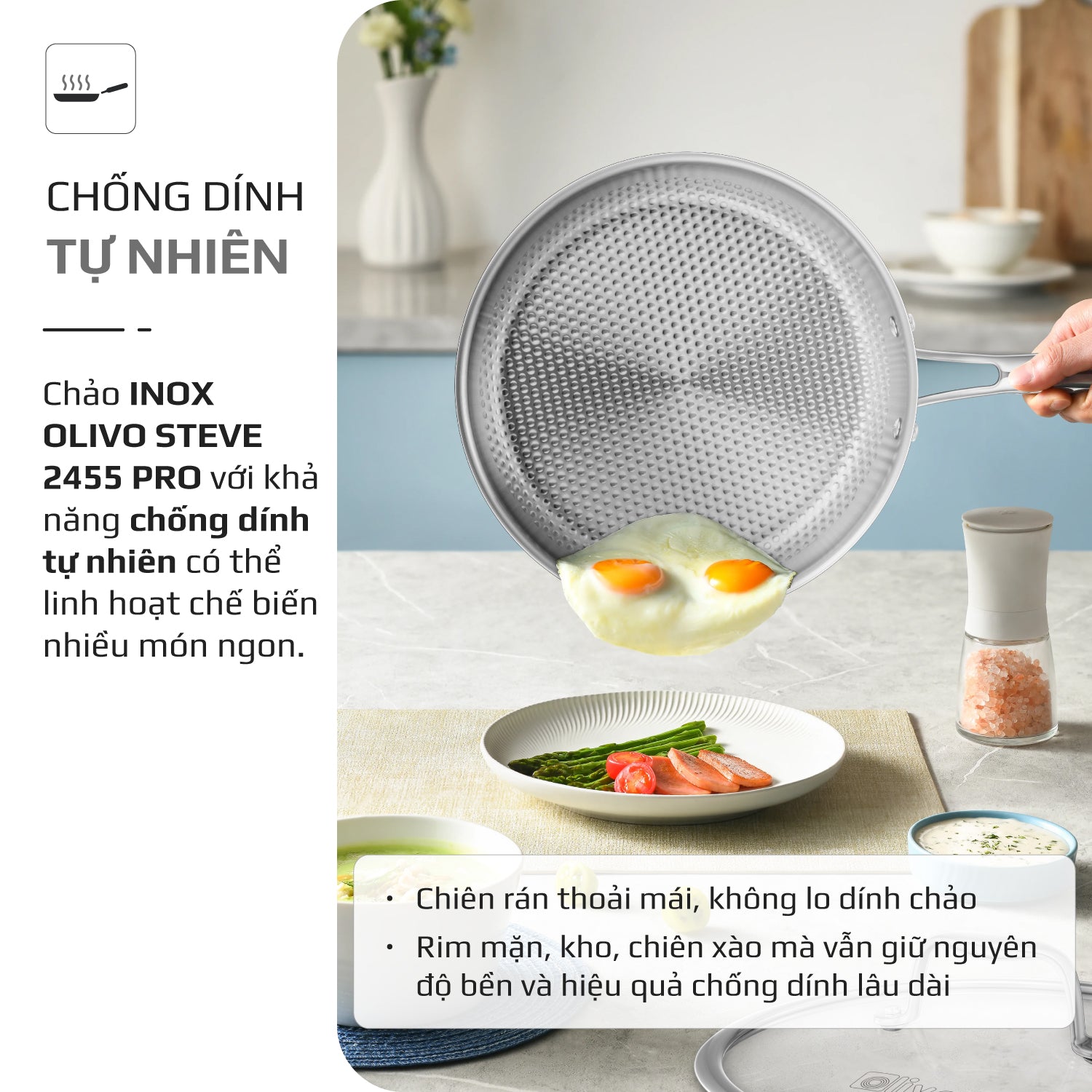 Chảo INOX OLIVO STEVE 2455 PRO - Lòng Chảo Vân Tròn - Chống Dính Tự Nhiên - Đường Kính 24Cm - Sâu Lòng 5.5Cm - Nấu Được Trên Mọi Loại Bếp