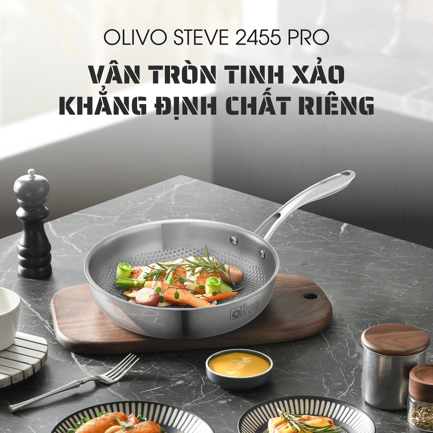 Chảo INOX OLIVO STEVE 2455 PRO - Lòng Chảo Vân Tròn - Chống Dính Tự Nhiên - Đường Kính 24Cm - Sâu Lòng 5.5Cm - Nấu Được Trên Mọi Loại Bếp