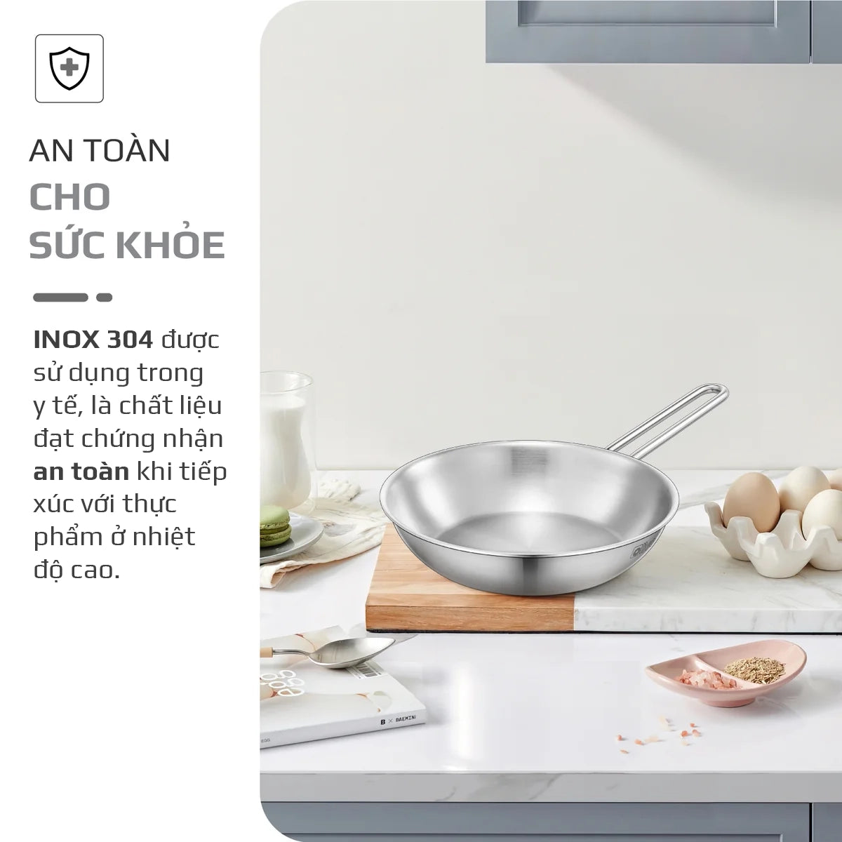 CHẢO INOX OLIVO P2045 – Chống Dính Tự Nhiên, Đáy 3 Lớp, Đường Kính 20cm, Sâu Lòng 4.5cm, Nấu Được Trên Mọi Loại Bếp