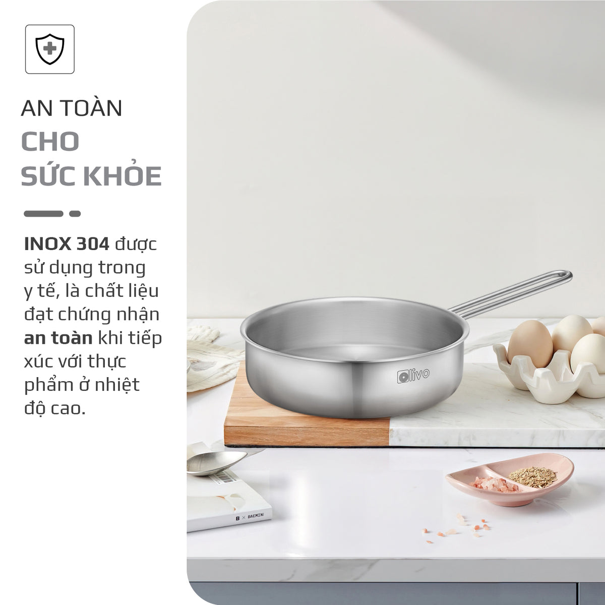CHẢO INOX OLIVO P2055 – Chống Dính Tự Nhiên, Đường Kính 20cm, Sâu Lòng 5.5cm, Nấu Được Trên Mọi Loại Bếp