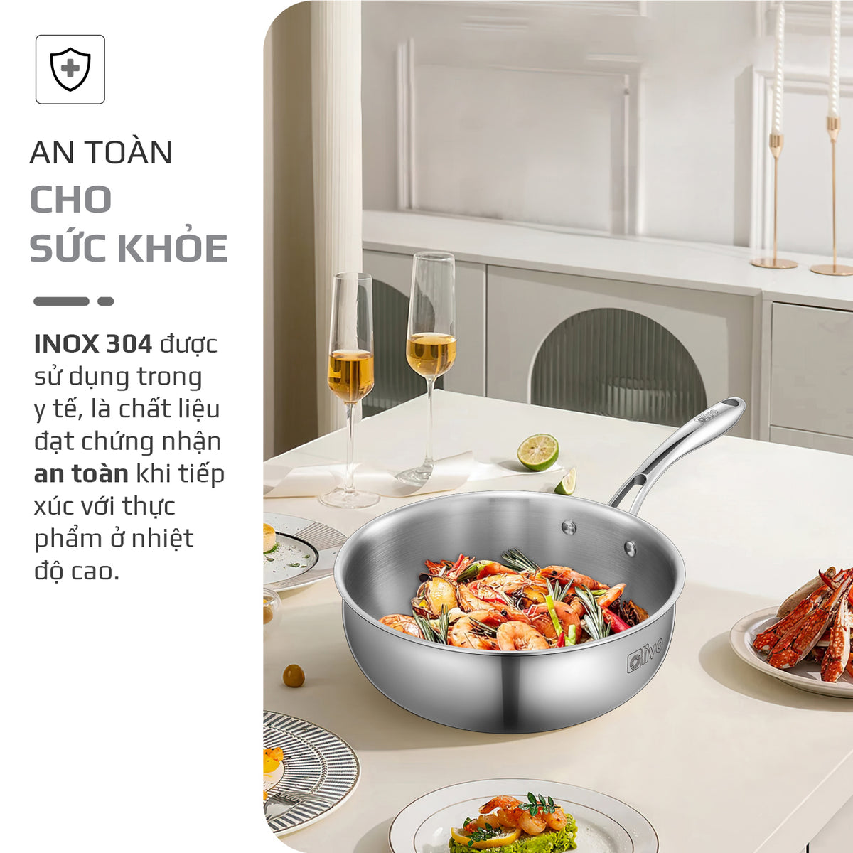 Chảo INOX OLIVO STEVE 2485 – Chống Dính Tự Nhiên, Đáy 4 Lớp, Đường Kính 24cm, Sâu Lòng 8.5cm, Nấu Được Trên Mọi Loại Bếp