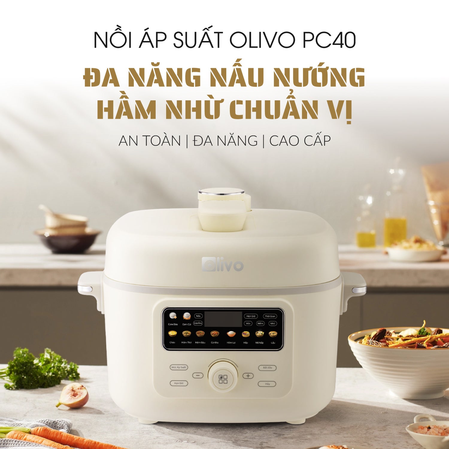 Nồi Áp Suất Điện Đa Năng OLIVO PC40 – Nồi 2 Nắp, 3 Chế Độ Nấu, Màn Hình OLED Hiện Đại, Lòng Nồi INOX 304, Đa Chức Năng 10 Chế Độ Cài Sẵn, Dung Tích 4L, Công Suất 1300W