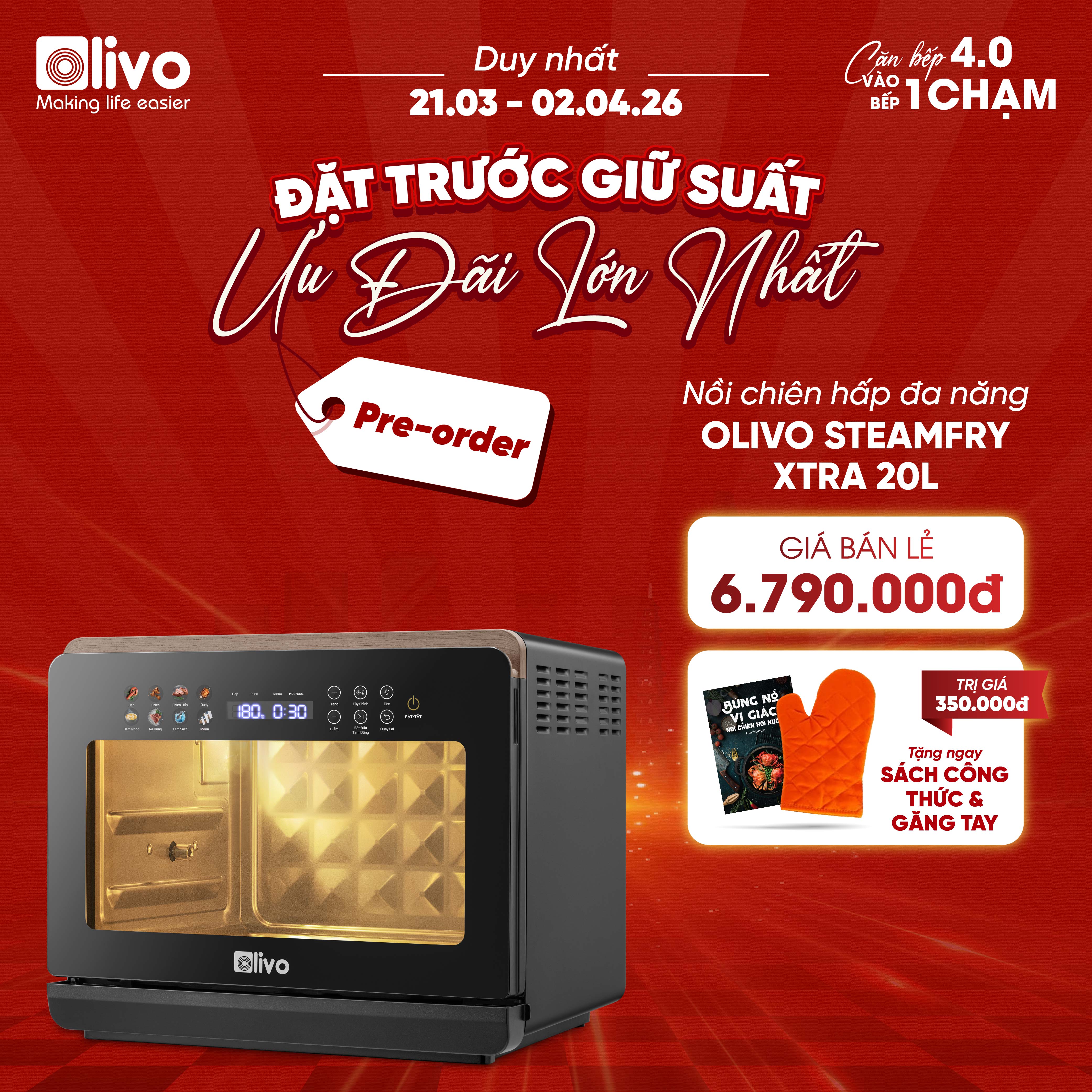 Nồi Chiên Hấp Đa Năng OLIVO SteamFry Xtra – Phiên Bản Cao Cấp, Bảng Điều Khiển OLED, Dung tích vượt trội 20L, Hấp Nano Steam/Chiên Eco Fry thế hệ thứ 2, 70 Chế Độ Cài Sẵn, Vệ Sinh Dễ Dàng