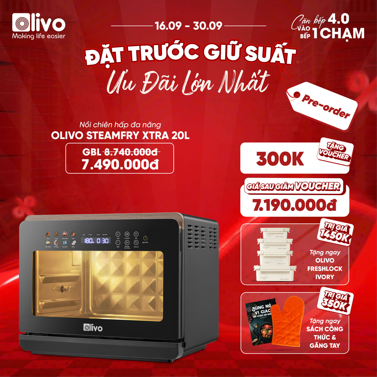 Nồi Chiên Hấp Đa Năng OLIVO SteamFry Xtra – Phiên Bản Cao Cấp, Bảng Điều Khiển OLED, Dung tích vượt trội 20L, Hấp Nano Steam/Chiên Eco Fry thế hệ thứ 2, 70 Chế Độ Cài Sẵn, Vệ Sinh Dễ Dàng