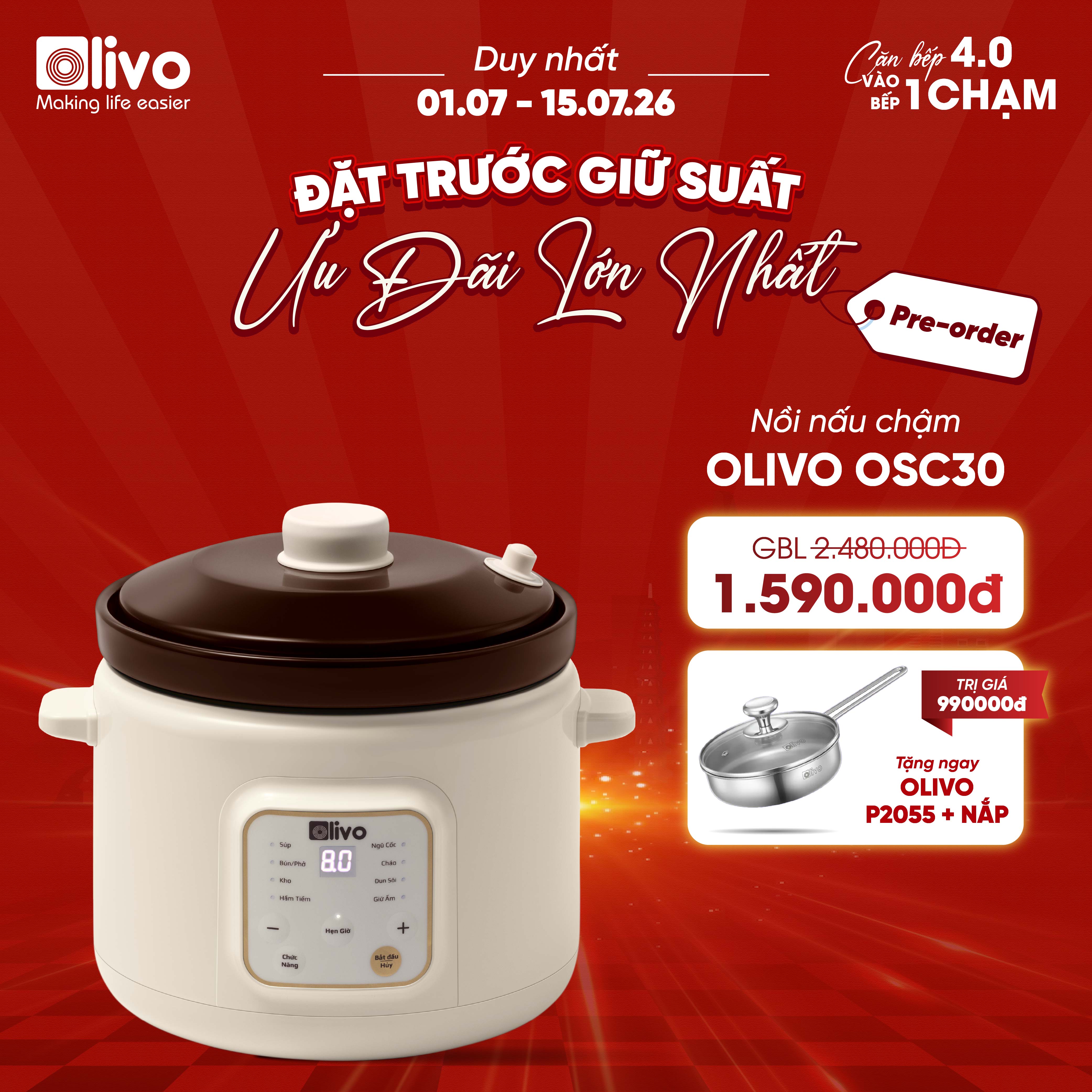 Nồi Nấu Chậm Olivo OSC30 - 9 Chế Độ Cài Sẵn, Bảng Điều Khiển Điện Tử, Lòng Gốm Tráng Men, Nắp Gốm Giữ Nhiệt, Dung tích 3L, Thông Minh, Tiện Lợi.