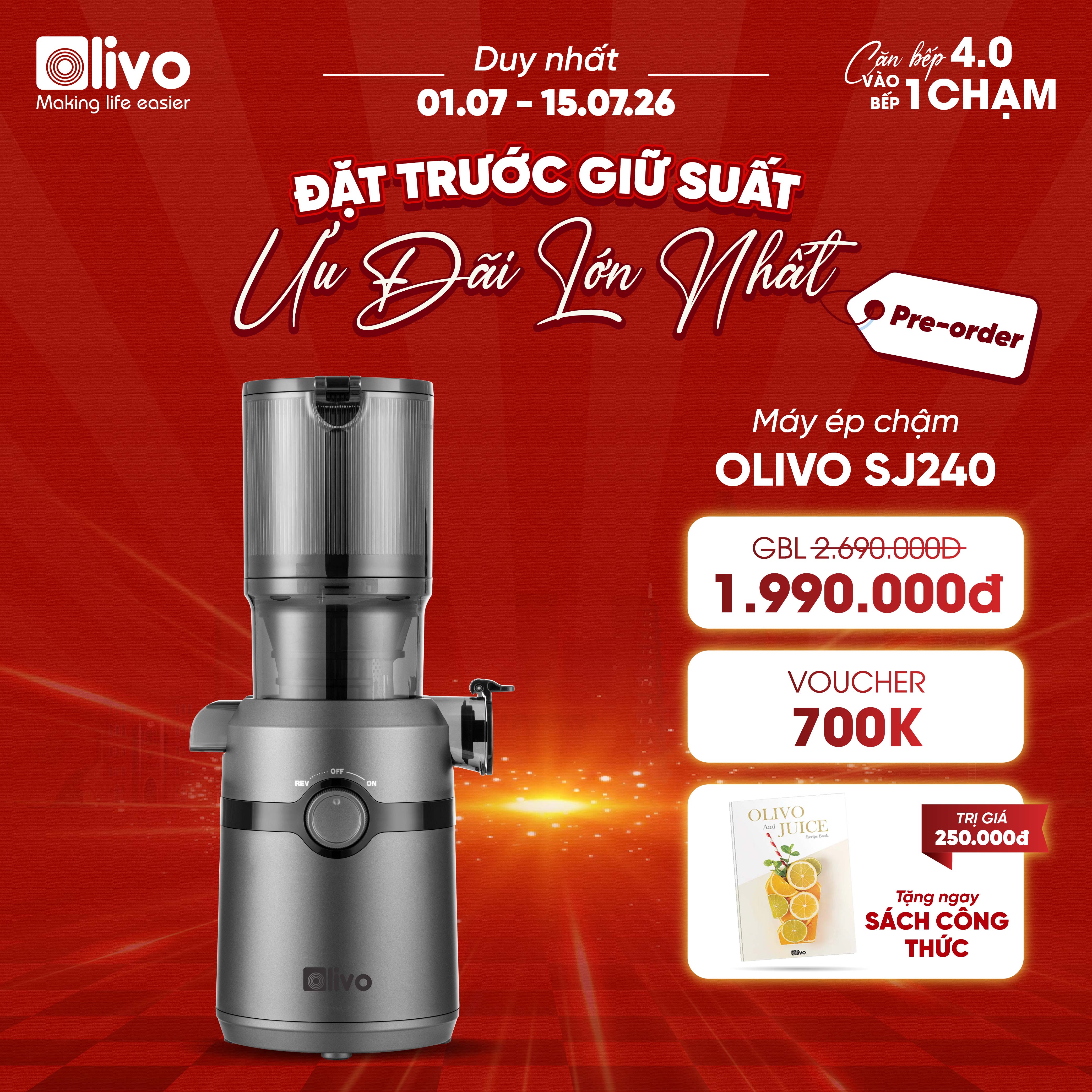 Máy Ép Chậm OLIVO SJ240 - Phiên Bản Giới Hạn Màu Titanium - Khoang Tiếp Lớn - Giải Pháp Hoàn Hảo Cho Việc Ép Kết Hợp Trái Cây, Rau Củ