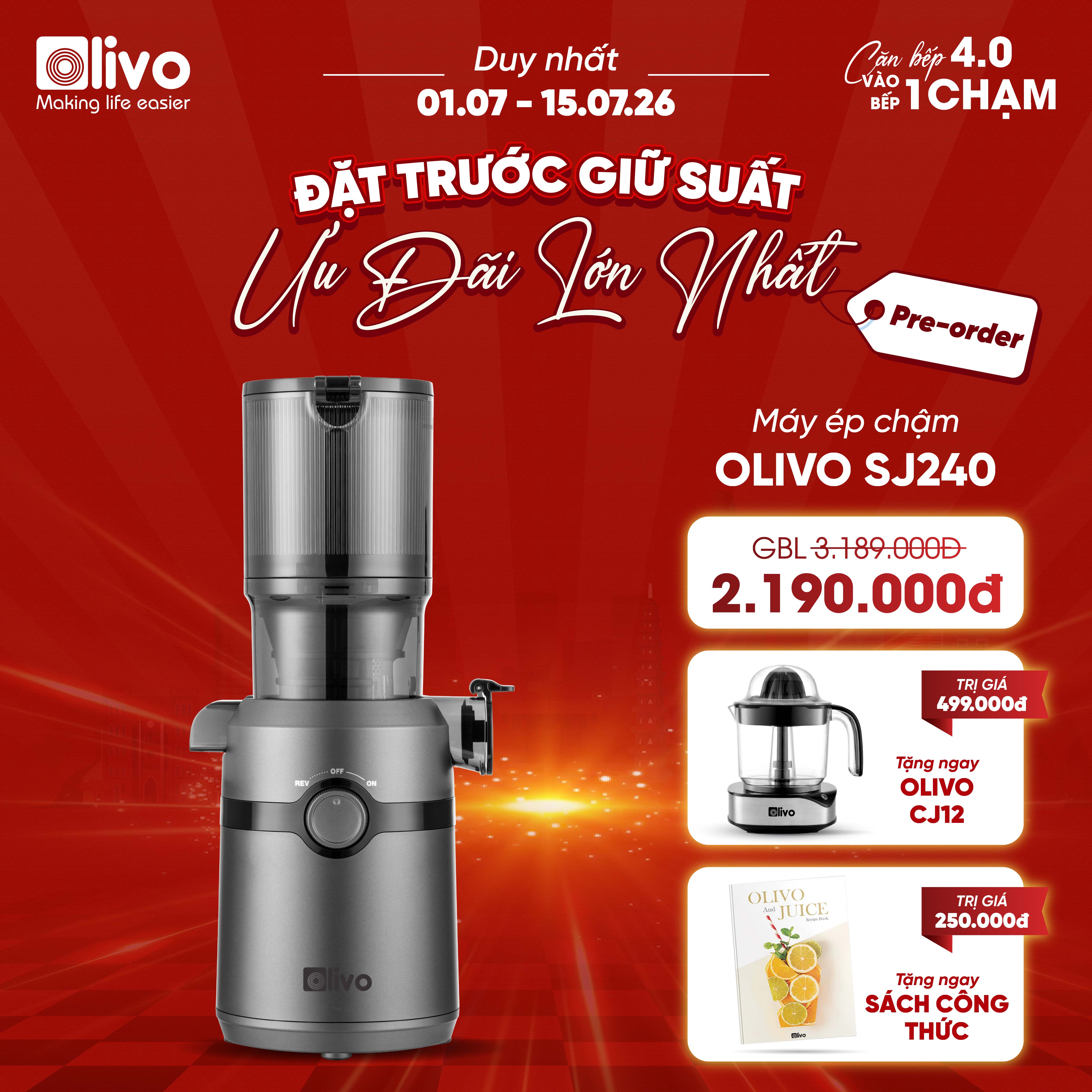 Máy Ép Chậm OLIVO SJ240 - Phiên Bản Giới Hạn Màu Titanium - Khoang Tiếp Lớn - Giải Pháp Hoàn Hảo Cho Việc Ép Kết Hợp Trái Cây, Rau Củ