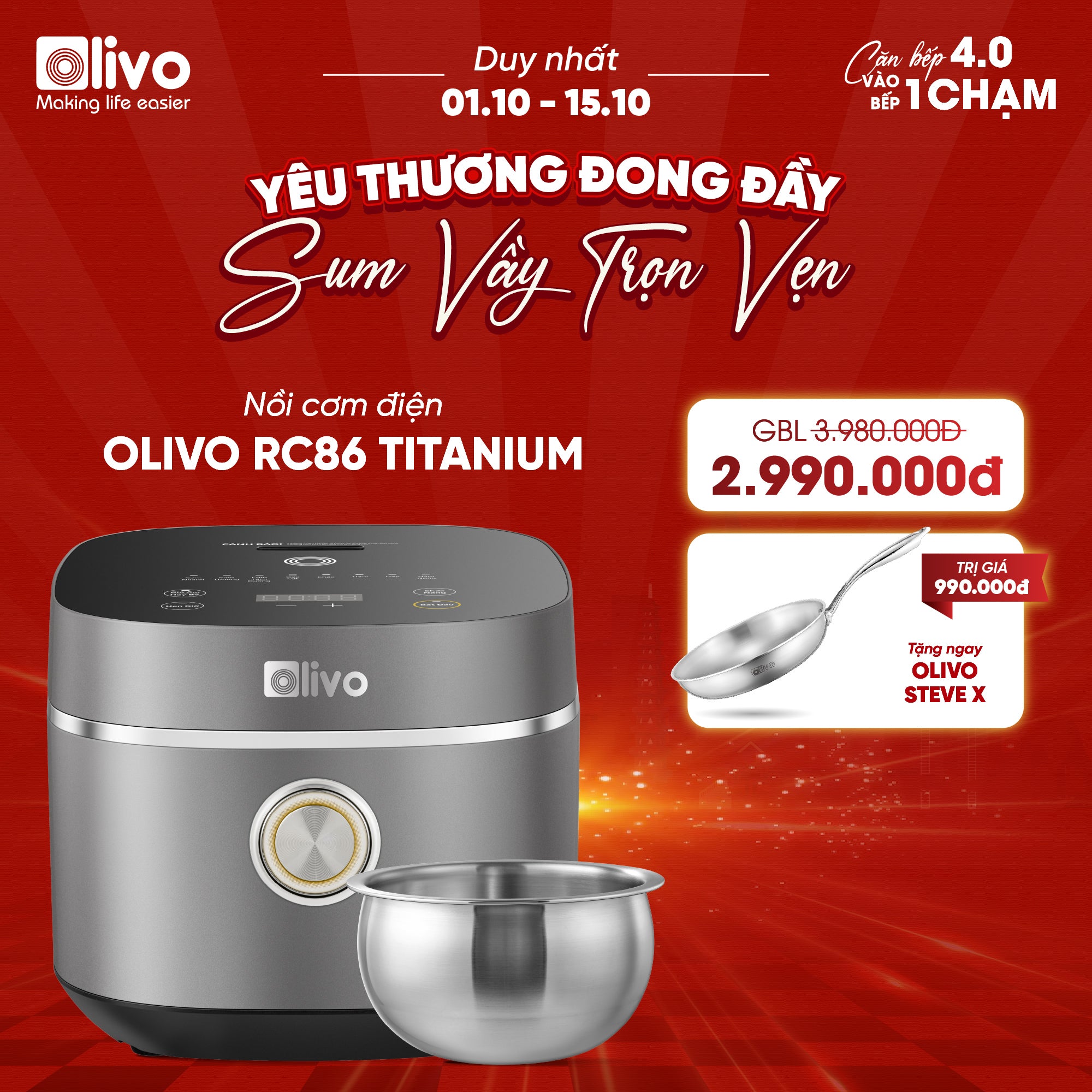 Nồi Cơm Điện OLIVO RC86 Titanium - Lòng Nồi INOX 304 Chống Dính Tự Nhiên, Nấu Cơm Ngon, Thiết Kế Tinh Tế, Sang Trọng
