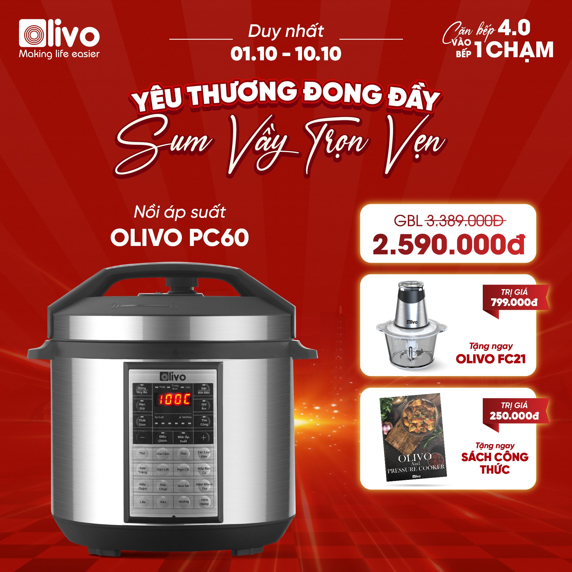 Nồi Áp Suất Điện Đa Năng OLIVO PC60 - 16 Chức Năng - Dung Tích 6L - Công Suất 1000W